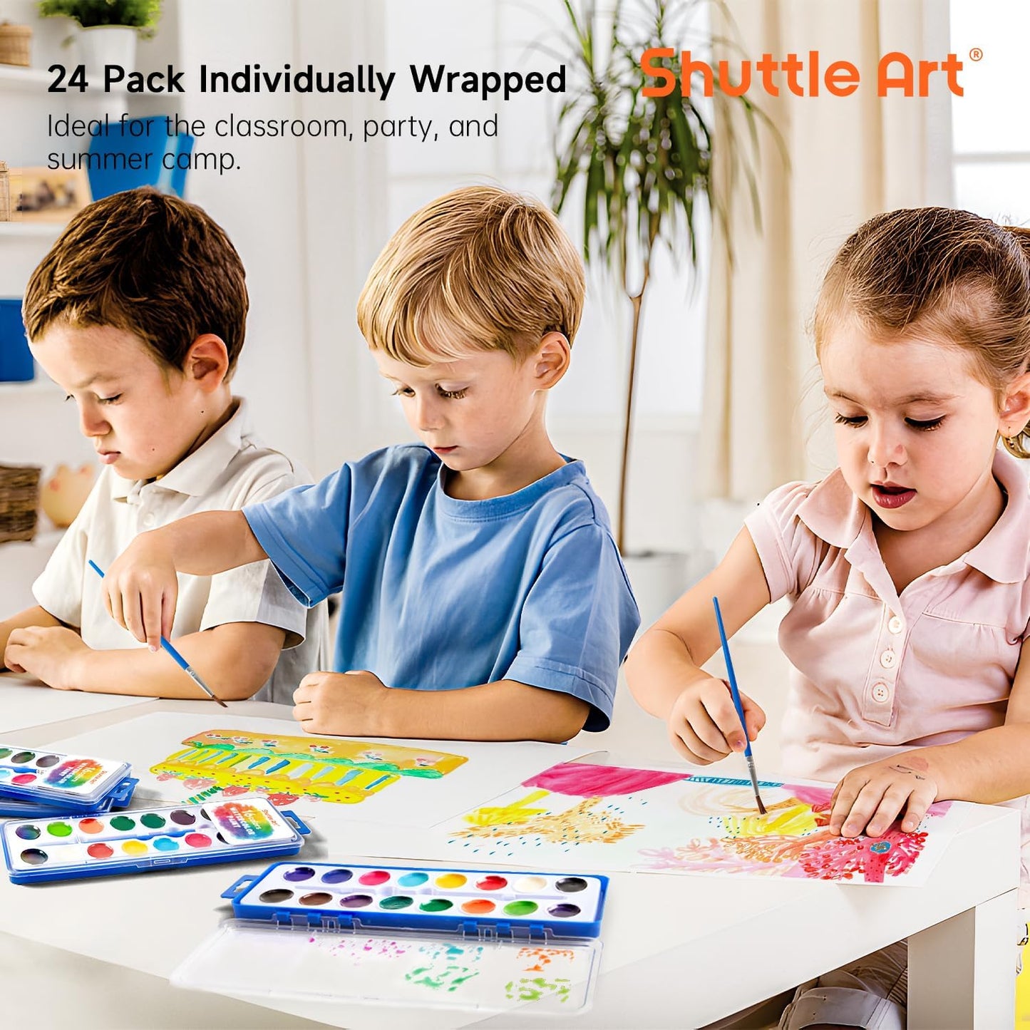 Shuttle Art 16 Colors Watercolor Paint Set Bulk, Pack of 24, Watercolor Paint Set with Paint Brushes for Kids and Adults, Washable Paint for Classroom, Parties, Kindergarten and Art Activities