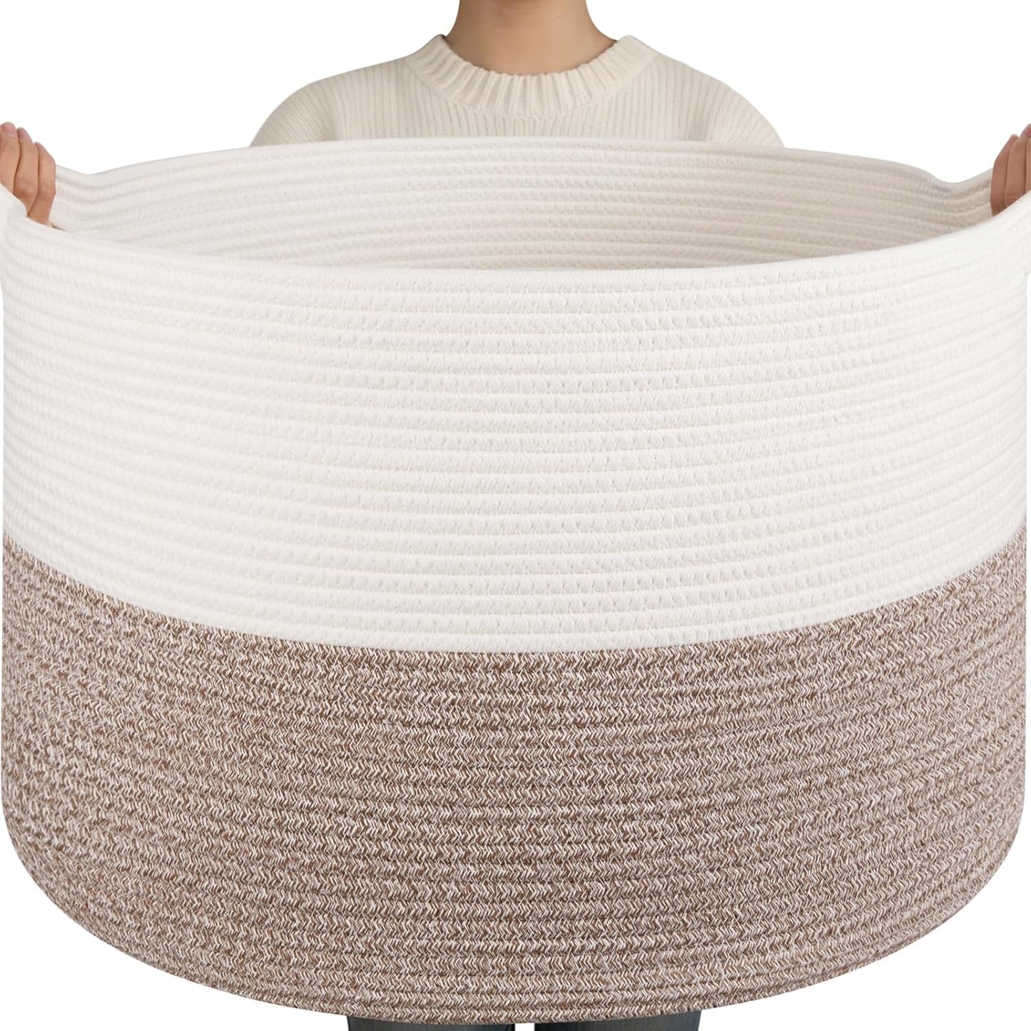 OIAHOMY 115L Extra Large Blanket Basket, 23.6" x 15.4" Woven Cotton Rope Laundry Basket for Organizing Pillows, Decorative Stuffed Animal Toy Storage Bin for Nursery, White and Linen Brown