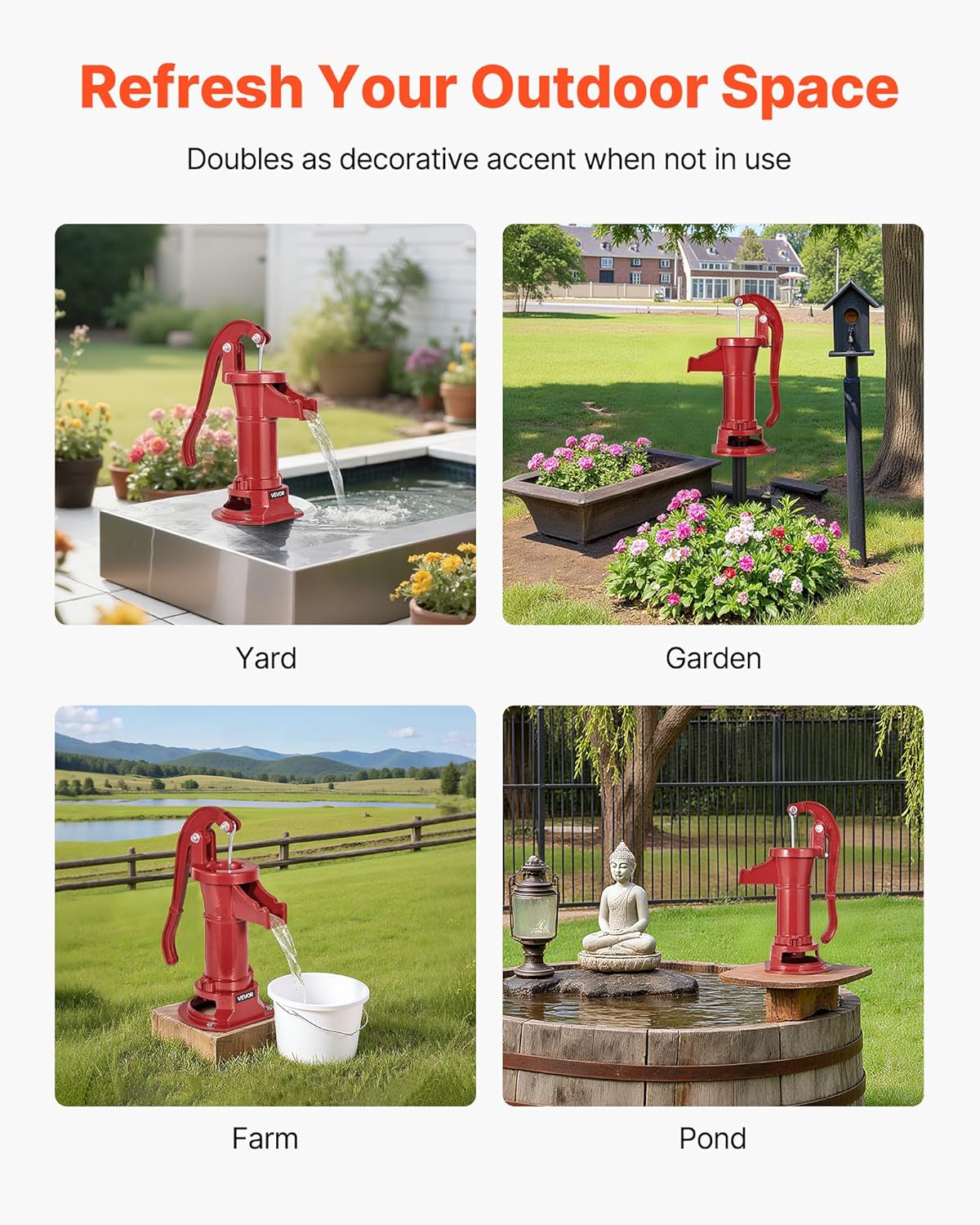 VEVOR Well Hand Pitcher Pump, 25 ft Maximum Lift, Antique Cast Iron Manual Hand Water Pump, NPT 1-1/4 in Connection, Easy Installation, Old Fashioned for Outdoor Garden, Pond, Backyard, Farm, Red