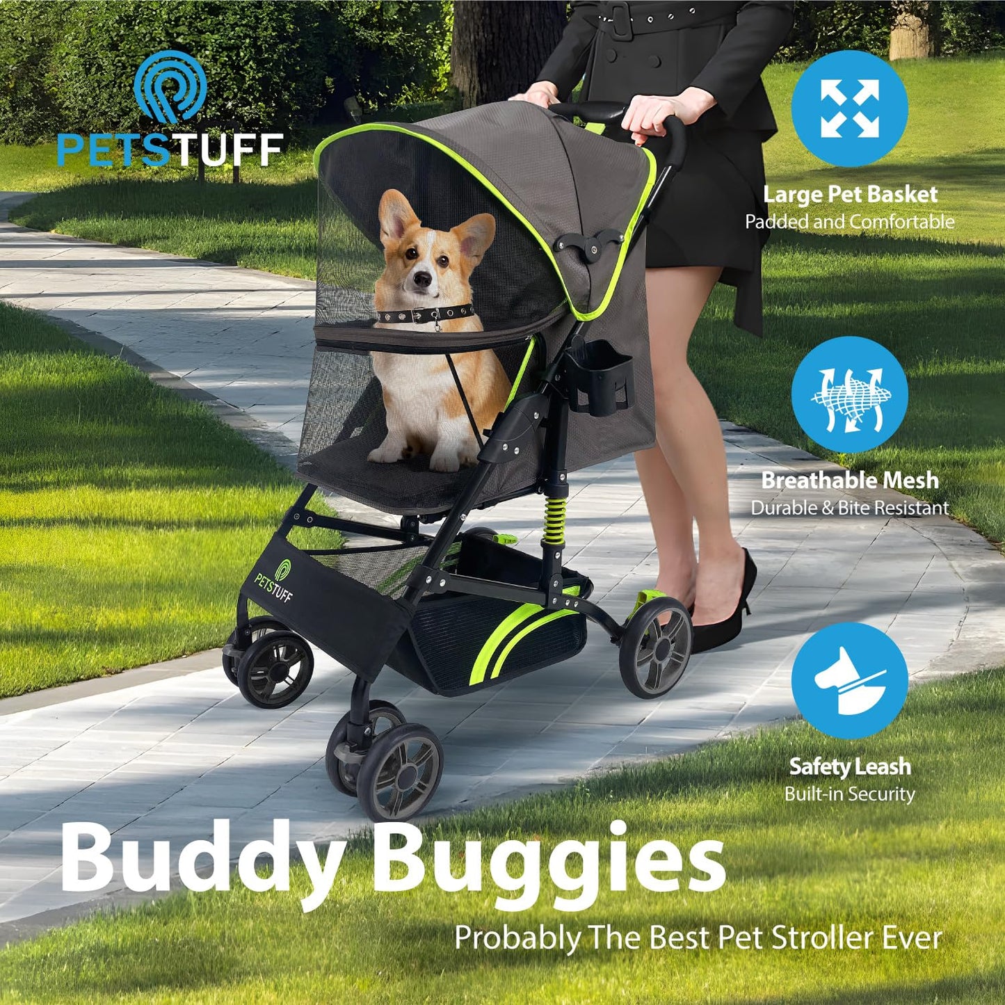 27.2” Buddy Buggies Foldable Pet Stroller - Shock Absorbing Frame with Storage - Machine Washable Fabric - Durable Mesh & UV Protected Retractable Canopy - Cat & Dog Stroller Up to 60lb