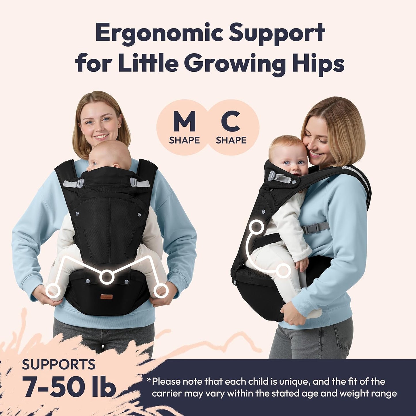 BabbleRoo Grow Carrier – Safety-Certified 6-in-1 Toddler & Baby Carrier with Hip Seat, Ergonomic & Adjustable Toddler Carrier 7-50 lbs with Hip Support, Hood for Sun Protection, Newborn to Toddler