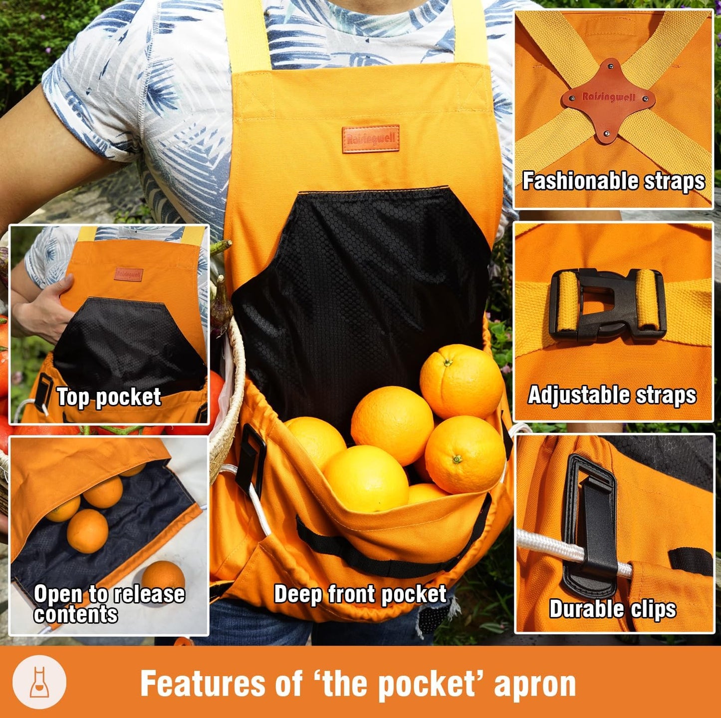 Gardening Apron with Pockets for Women, Adjustable, Washable, Garden Harvest Pouch with Quick Release Pockets