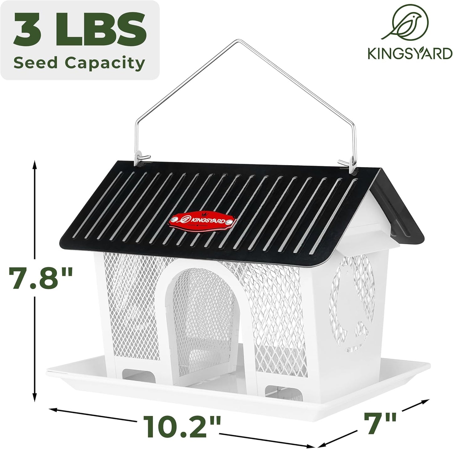 Kingsyard Bird Feeder for Outdoors Hanging, Dual-Use Metal Mesh Wild Bird Feeders with Seed Tray & Weatherproof Roof, 3 lbs Large Capacity, White