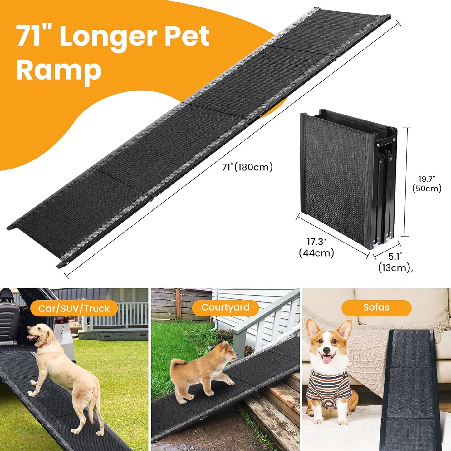 Dog Ramp for Car, 71''x 17'' Pet Ramp for Large Dogs with Anti-Slip Surface, Extra Long Dog Ramps Up to 250LBS for Truck SUV Van Stairs, Folding Car Ramp for Dogs to Get on Bed Couch