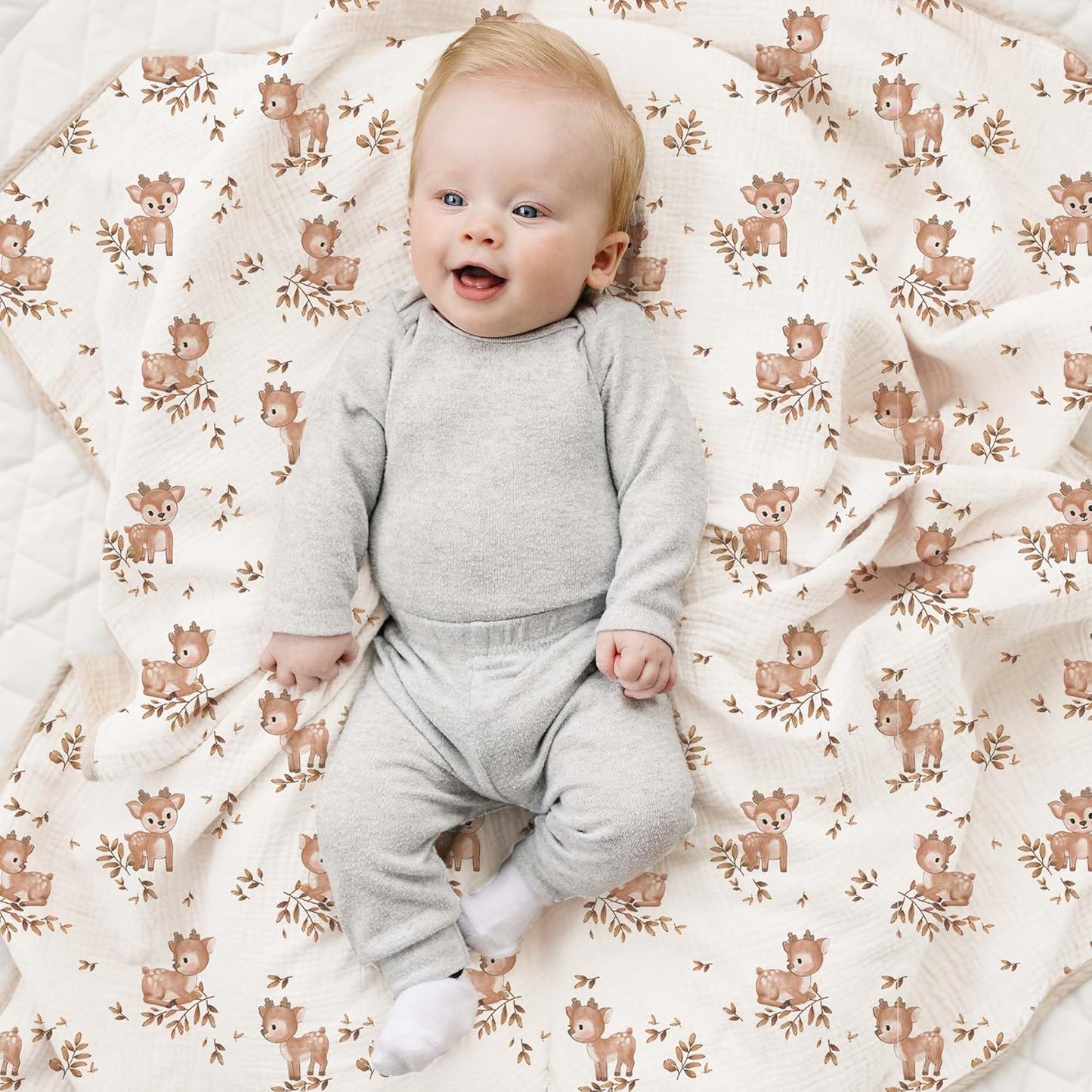 Konssy Muslin Baby Blankets for Girls Boys, 100% Cotton Crib Blanket for Baby Infant Toddler, Super Soft and Lightweight Nursery Blankets 40"x36" (Deer)