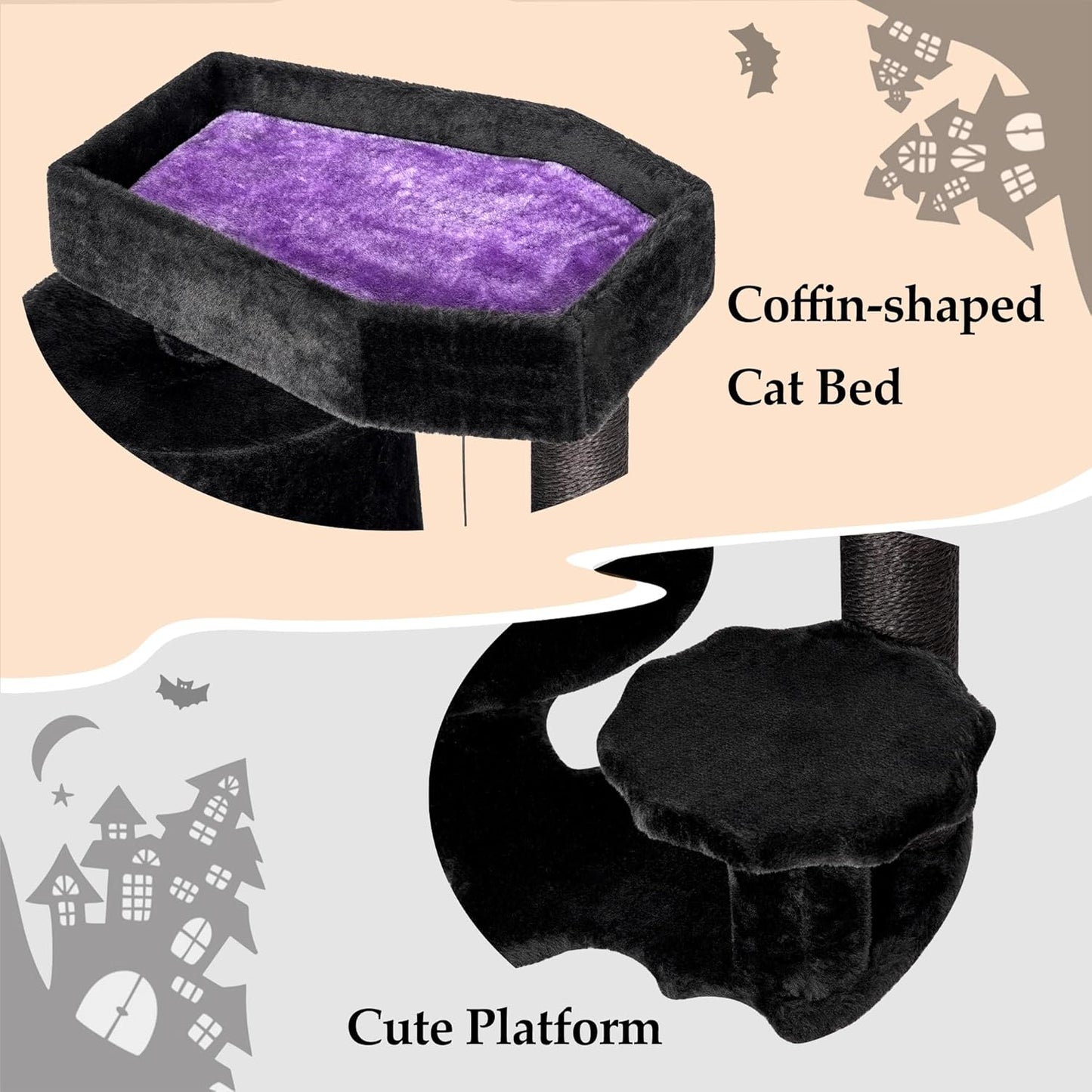 BEWISHOME Cat Tree, Gothic Cat Tree with Coffin Bed, Goth Cat Tree Tower with Scratching Posts, Cat Shelves for Kittens, Spider Toy, Black and Violet Small MMJ93Z
