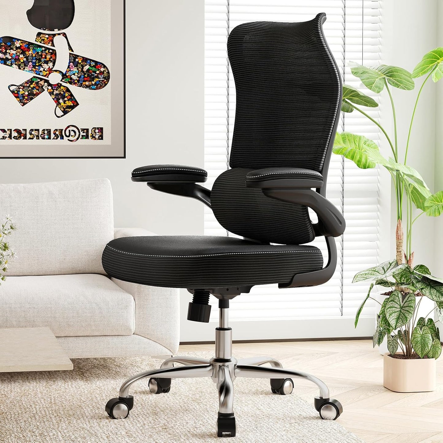 TRALT Ergonomic Office Chair - Desk Chair with Wave High Back Adjustable Lumbar Support Computer Chair - Gaming Chairs Mesh Backrest and PU Leather Seat for Home Reading Chairs to Adults(Black)