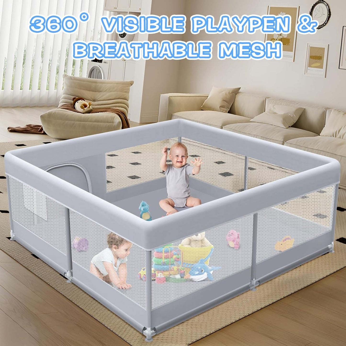 Baby Playpen 50 x 50 Inch Play Pen Playards, Playpen for Babies and Toddlers, Baby Playard for Indoor & Outdoor Active Center Game Fence, with Skin-Friendly Fabric and Soft Breathable Mesh Grey