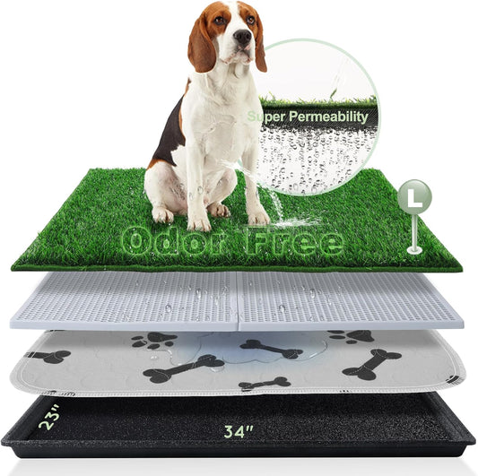 Dog Grass Pad with Tray Large 34’’×23’’, Ultra-Absorbent Artificial Grass Pad for Dogs Potty Grass Hemmed Edge for Indoor Potty Training, Reusable Dogs Pee Pads, Dog Litter Box for Balcony