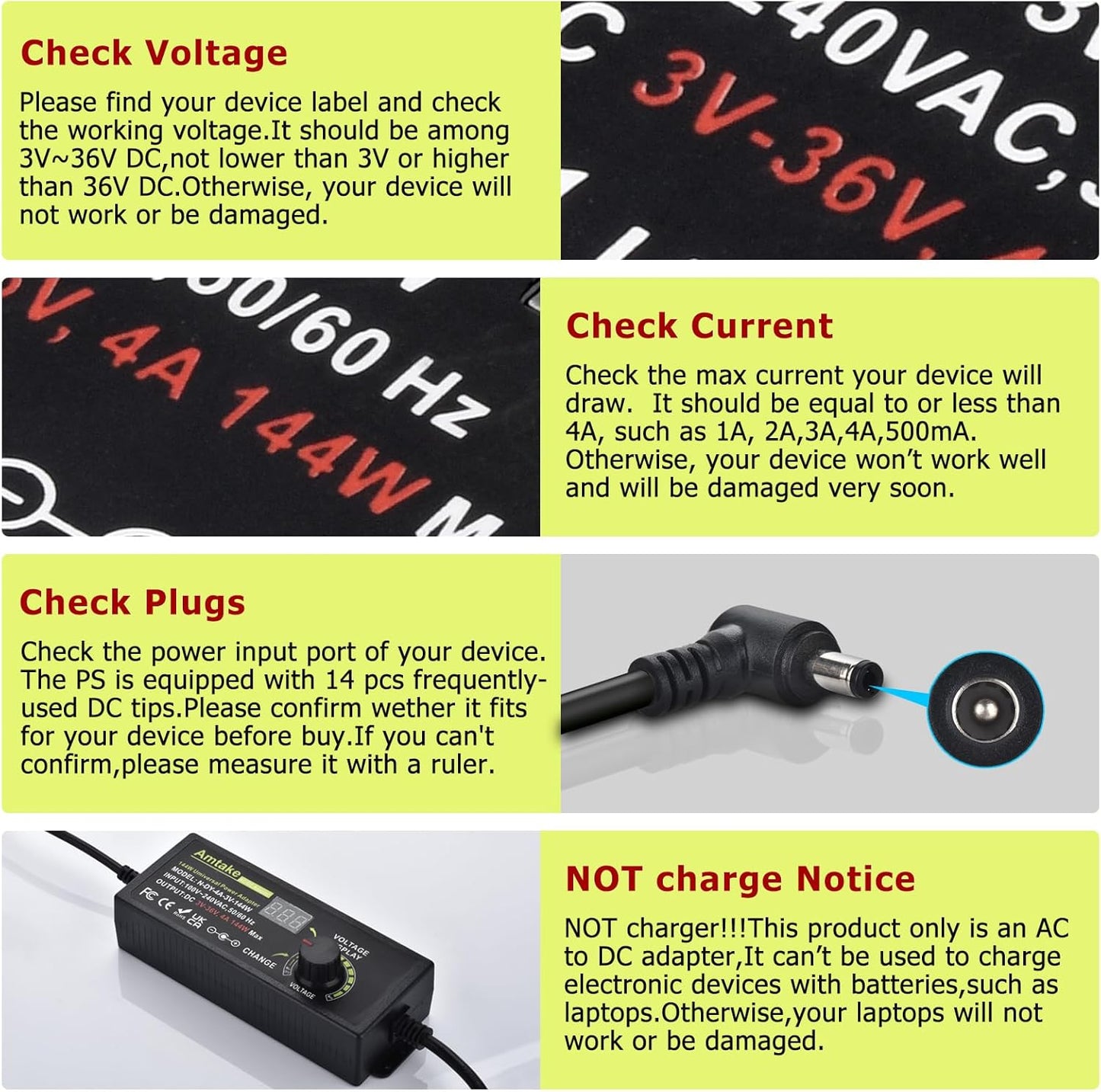 Adjustable Universal Power Supply Adapter 4A 144W Adjustable Variable Switching 3V~36V 3V 5V 12V 24V 30V 36V AC/DC Adapter, AC to DC Converter with 14 Tips, Polarity Converter and Test Lead