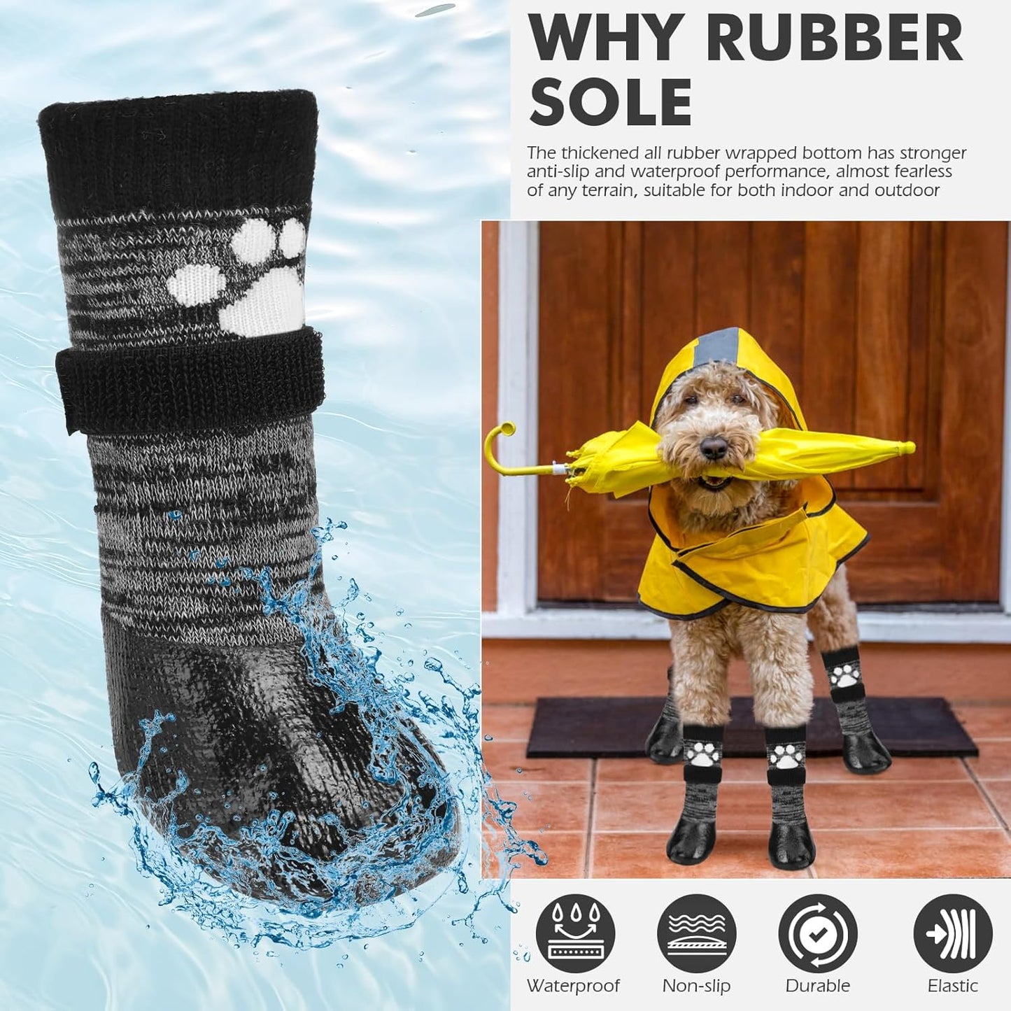 Mihachi Dog Socks Anti Slip with Straps Traction Control Waterproof Paw Protector, Dog Boots for Hardwood Floors Prevent Licking, Black M