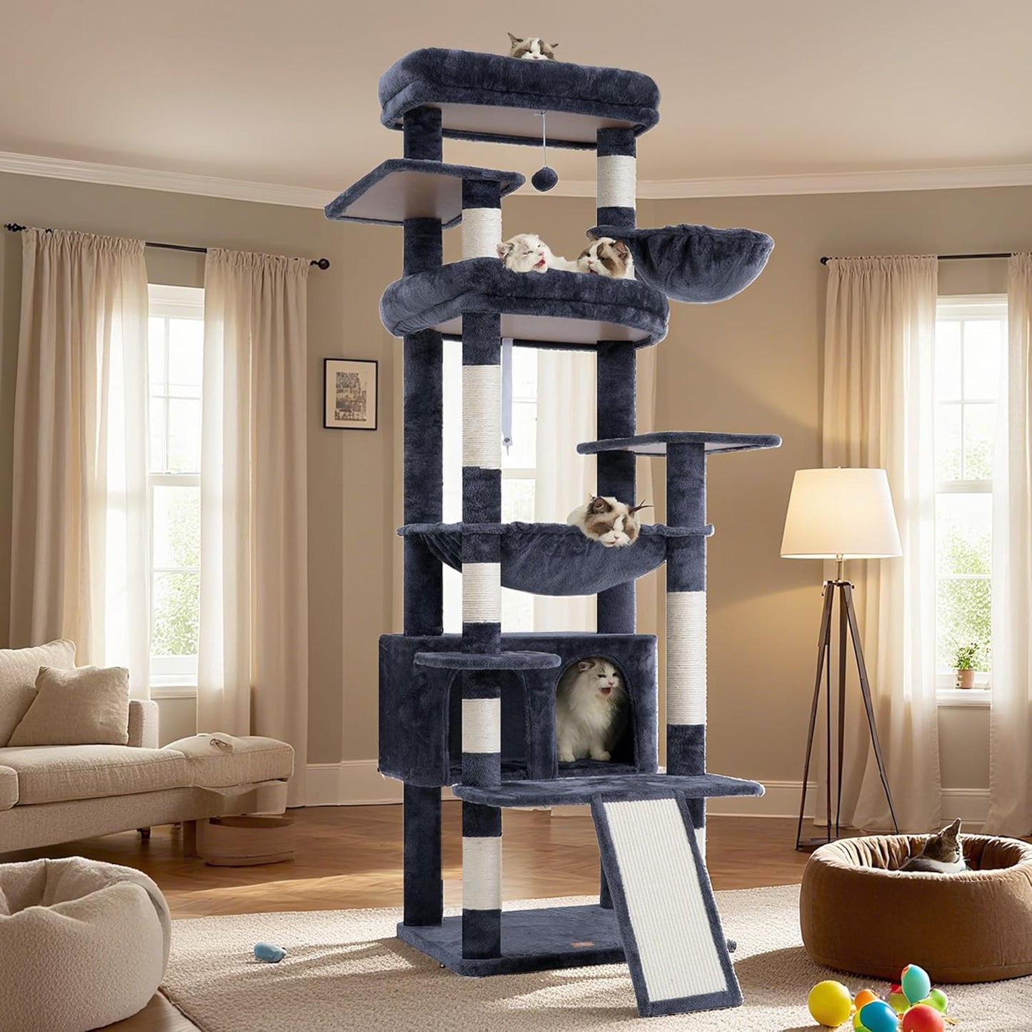 Heybly Tall Cat Tree for Large Cat, 80-inch Multi-Level Cat Tower for Indoor Cats with Large Baseboard, Condo Furniture with 2 Widened Plush Perches,Scratching Board and Big Caves, Smoky Gray HCT038G