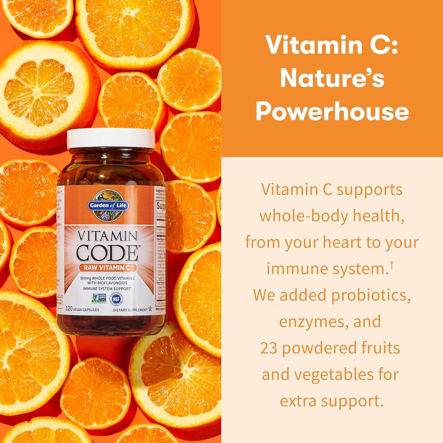 Garden of Life Vitamin Code Raw Vitamin C - 120 Capsules, 500mg Whole Food Vitamin C Capsules + Fruit & Veggie Blend & Probiotics, Supplements for Adults, Vegan, Gluten Free