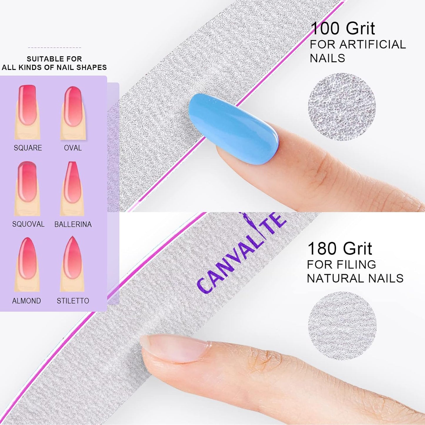 Canvalite 10 PCS Nail File Professional Nail Files Reusable Double Sided Emery Board(100/180 Grit) Nail Styling Tools for Home and Salon Use Christmas Gifts for Women