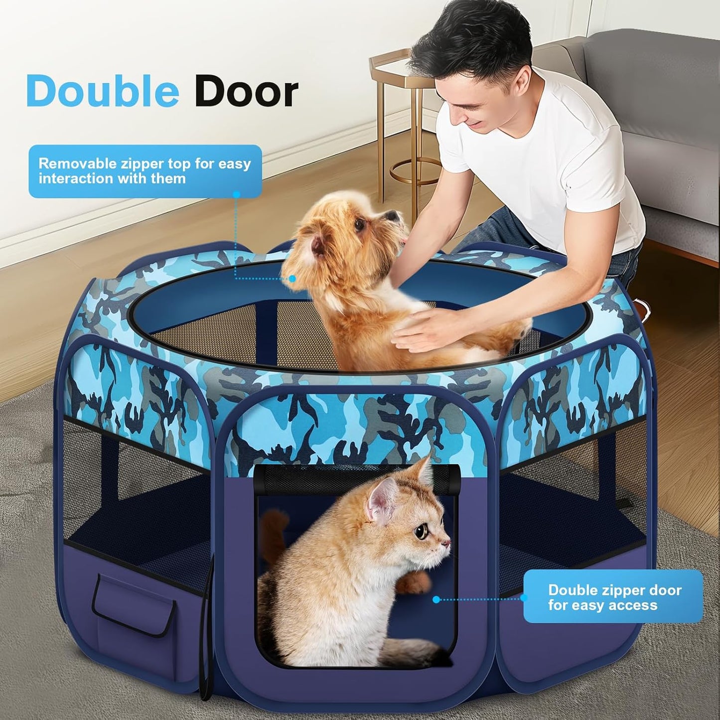 Dog Playpen, Pet Playpen, Portable Cat Playpen, Pop Up Foldable Puppy Playpen Exercise Kennel Tent with Carry Case Collapsible Bowl,Water-Resistant Shade Cover for Outdoor Indoor Travel