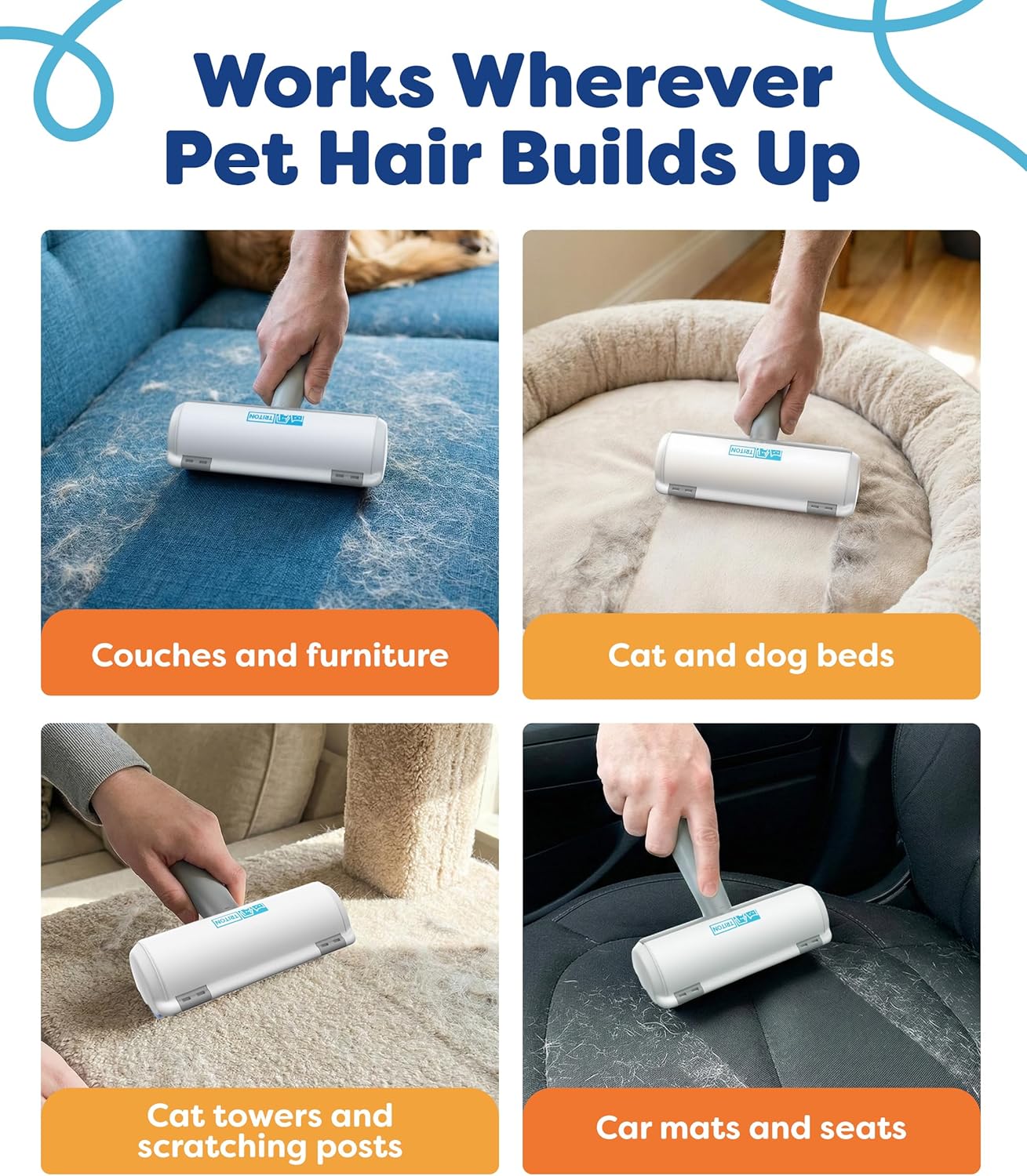 Triton Pet Hair Removal Tool w/Fur Trapping Compartment and Detachable Handle, 60% Smaller Storage Size, Reusable Shedding Roller, Cat and Dog Hair Remover for Car, Furniture, Carpet (Gray/White)