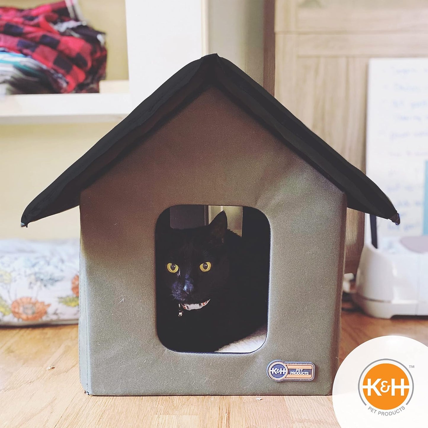K&H Pet Products Heated Outdoor Cat House for Outside Pets in Winter, Weatherproof Outdoor House for Ferals, Insulated Kitty Shelter, 2 Doors, Waterproof Heated Cat Bed, Safety Listed - Olive/Black