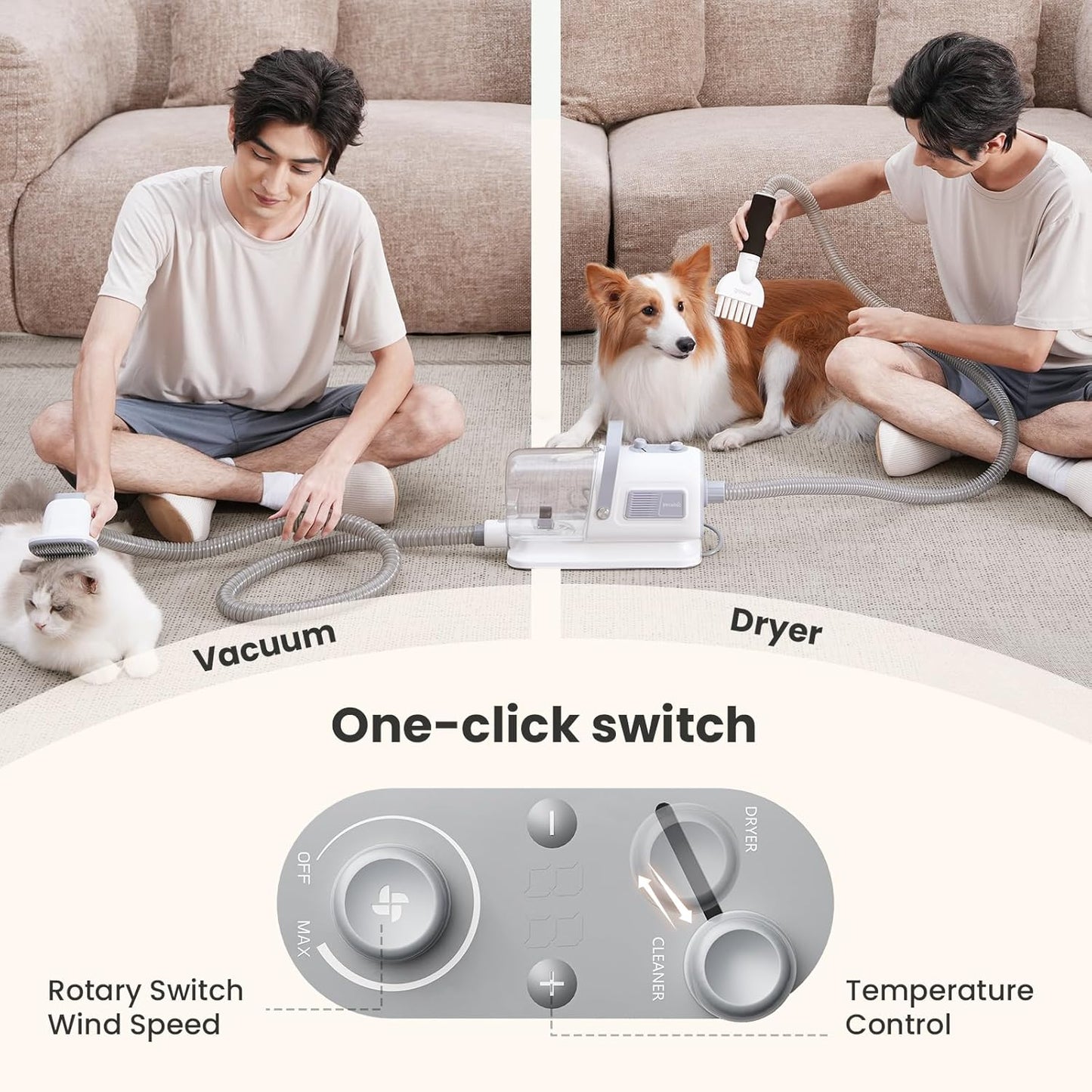 Pecute Dog Grooming Vacuum & Dryer, 7-in-1 Pet Grooming Kit with Clipper, 10000Pa Dog Vacuum for Shedding Grooming, Adjustable Speed & Temp, 55dB Low Noise,1.7L Dust Cup