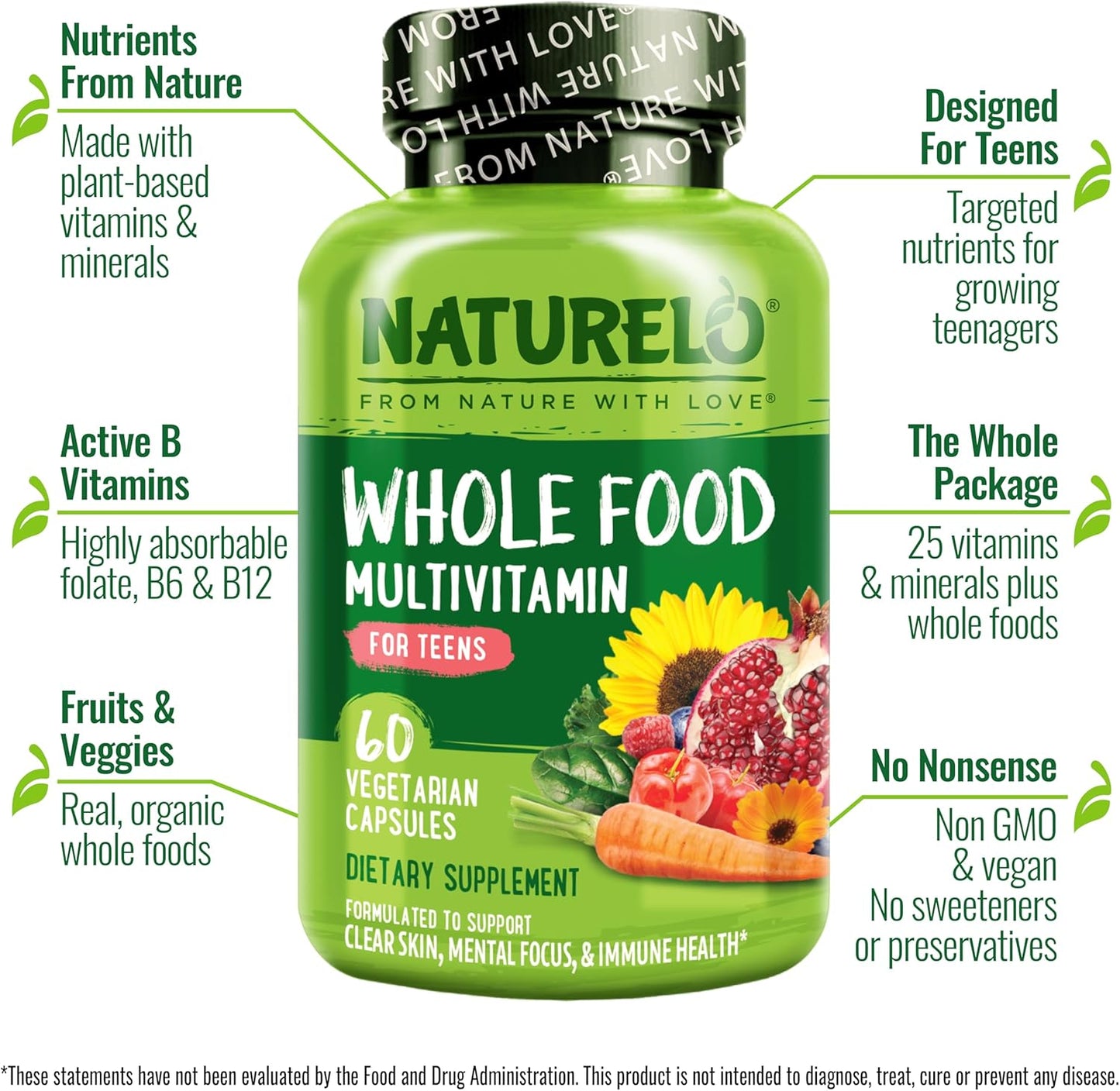 NATURELO Multivitamins for Teenage Girls/Boys, 60 Capsules, Whole Food Multivitamin with Minerals, Non-GMO, Vegetarian