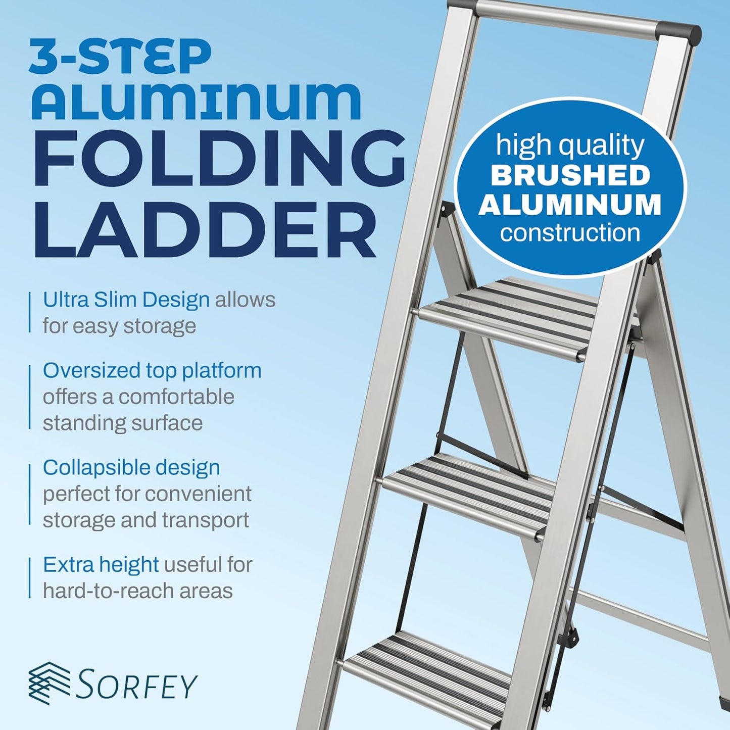 Step Ladder 3 Step Folding, Decorative - Modern Beautiful Aluminum, Lightweight, Ultra Slim Profile, Anti Slip Steps, Sturdy-Portable for Home, Office, Kitchen, Photography Use,by SORFEY