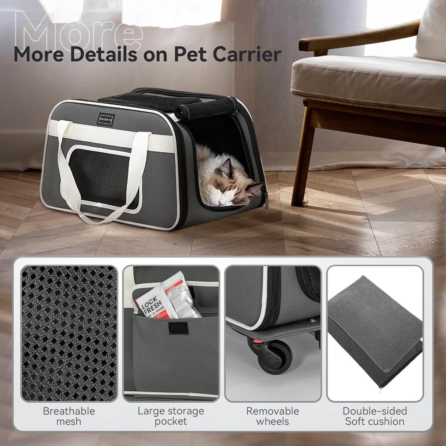 PETSFIT Airline Approved Cat Carrier with Wheels Designed for Small Dogs/Cats with Adjustable Safety Rope & Removable Wheels