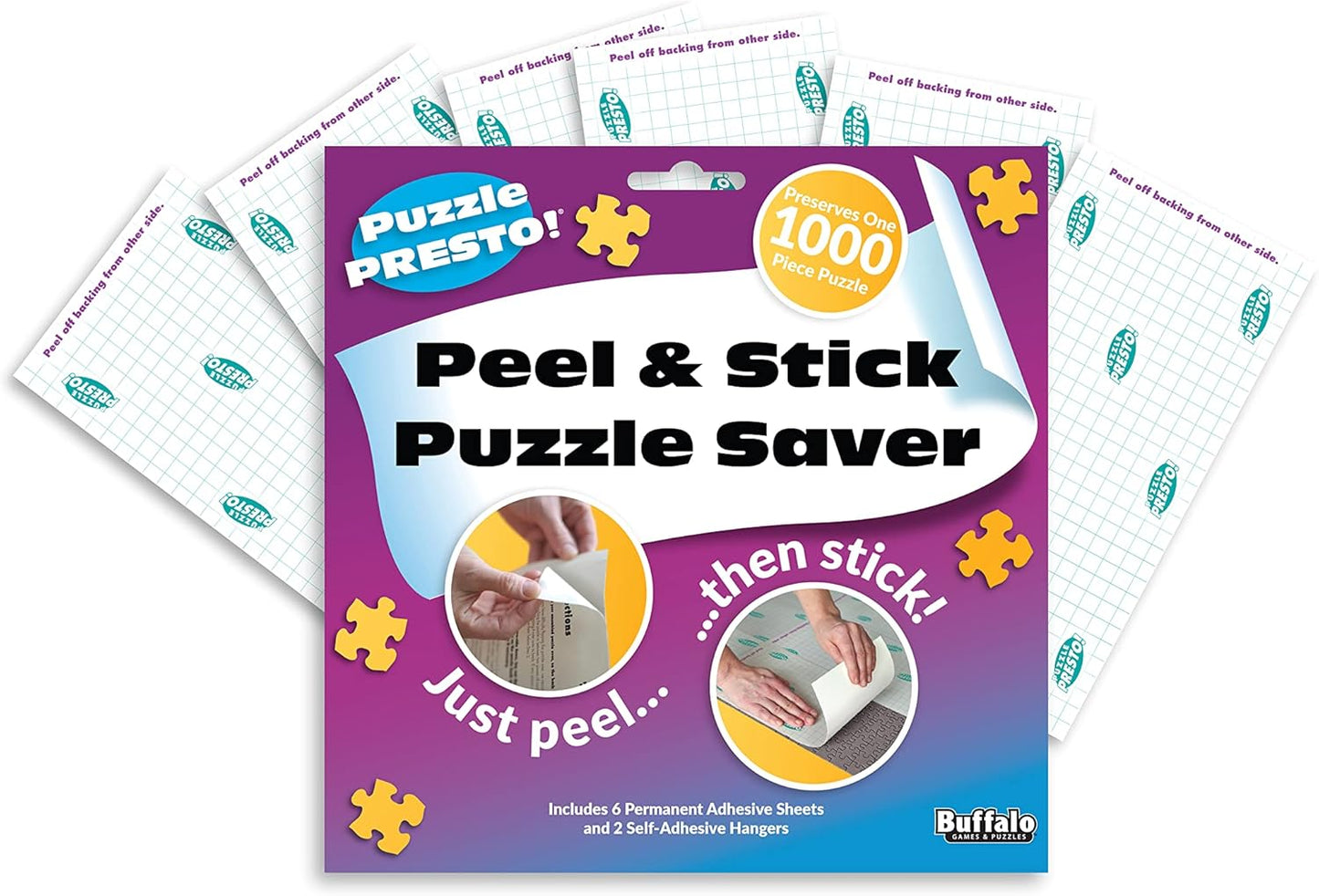Puzzle Presto Peel & Stick Saver: The Original and Still the Best Way to Preserve Your Finished Puzzle! - 6 Adhesive Sheets and 2 Adhesive Hangers