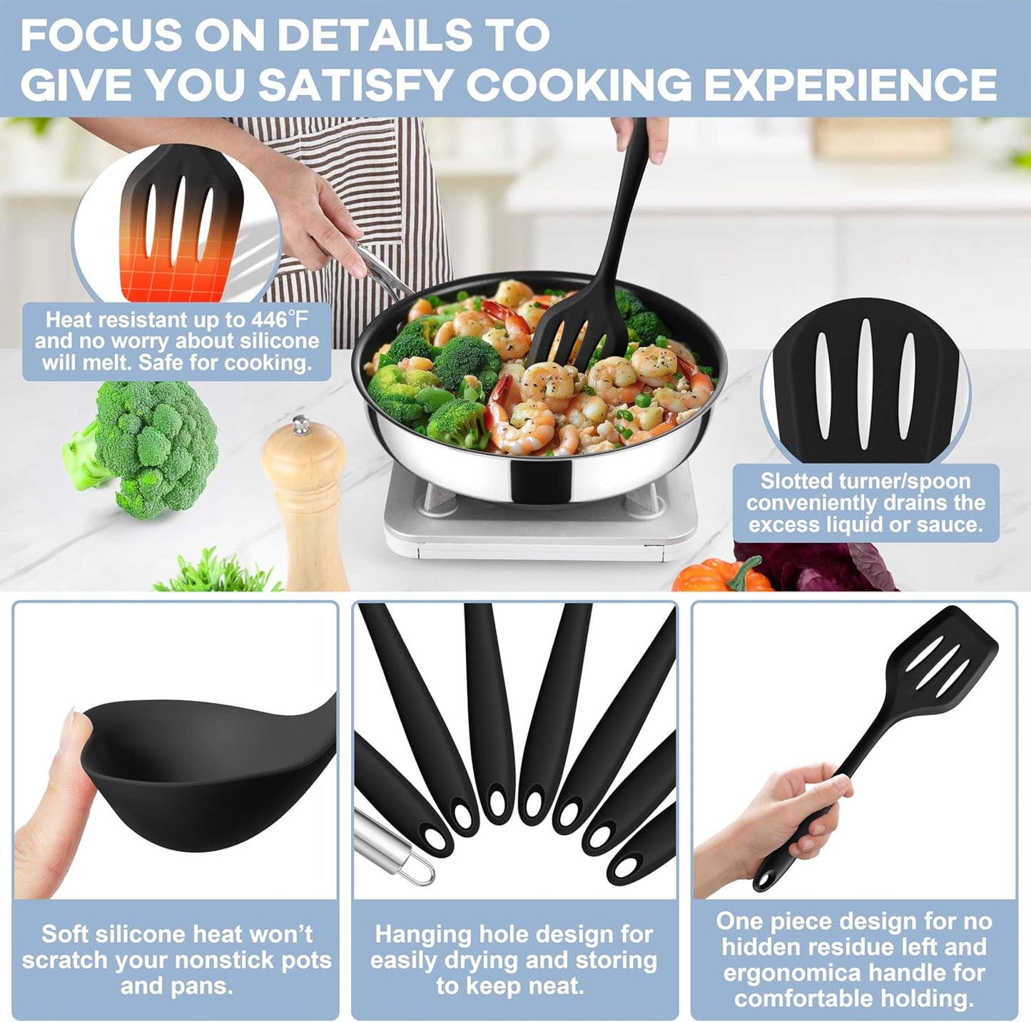 TeamFar 8 PCS Silicone Cooking Utensils - 446°F Heat Resistant Kitchen Silicon Utensils Set, Turner, Spatula, Spoon, Whisk, Kitchen Cooking Gadgets Tools for Nonstick Cookware, Dishwasher Safe-Black