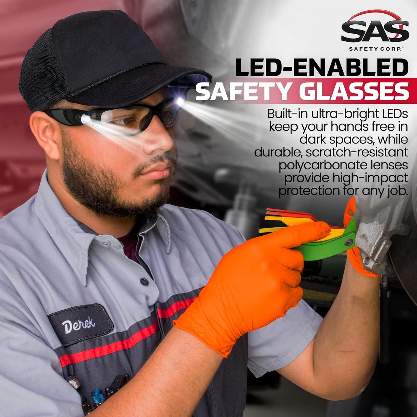 LED Inspector Safety Glasses | Protective Eyewear | Black Frame, Polycarbonate Clear Frames | Low to High Impact | Built-In LED Lights | 99.9% UV Protection | Woodworking, Construction, Mechanic