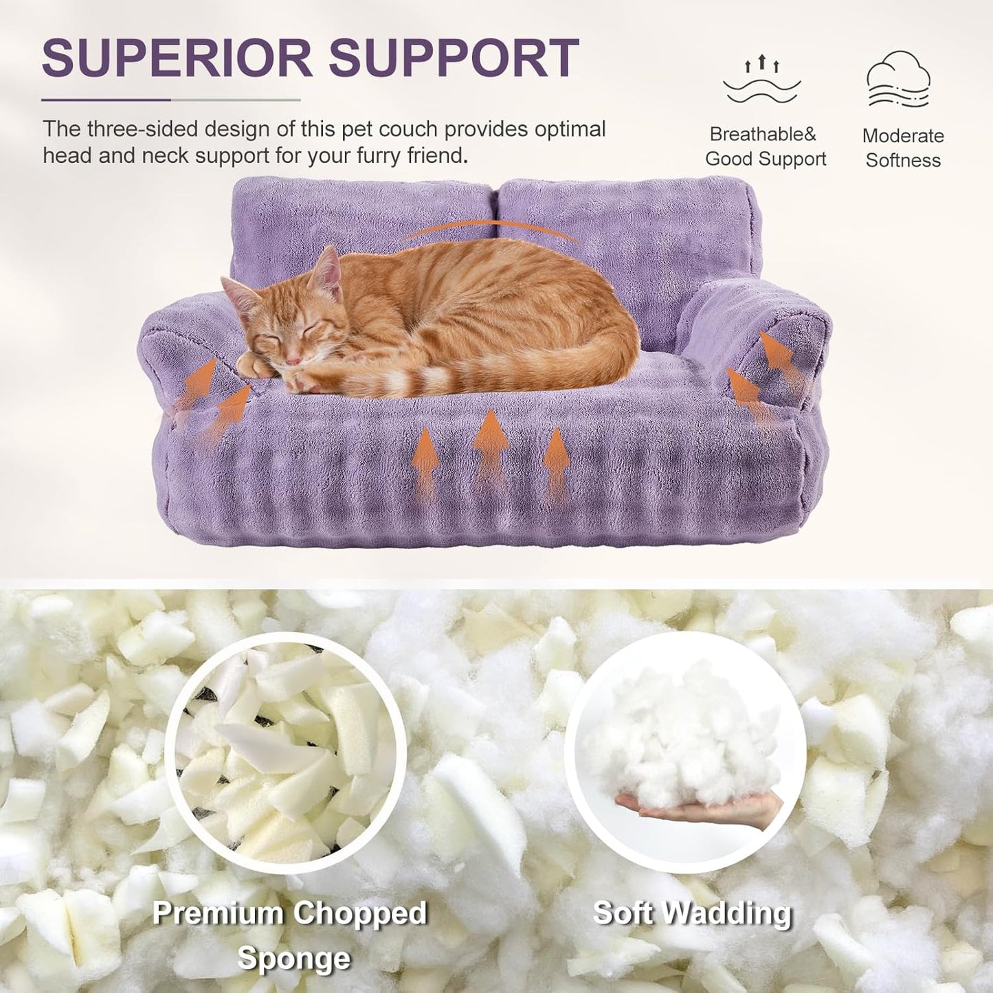 Cat Couch Bed, Cute Soft Pet Sofa for Indoor Cats Kittens Puppies with Removable Washable Cover, 26"x15", Dusty Purple