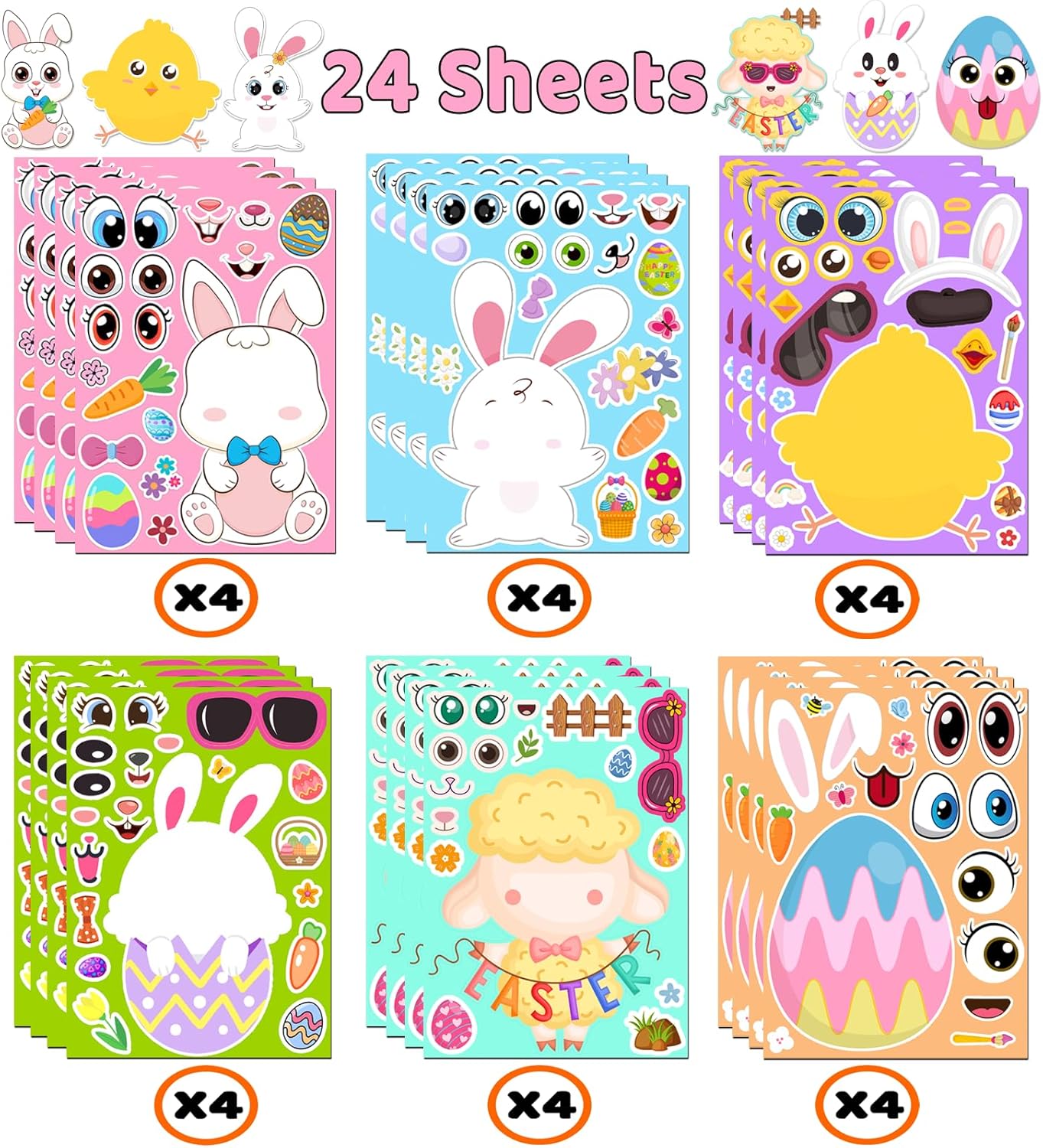 Easter Stickers - DIY Happy Easter Egg Bunny Sticker for Kids, Easter Crafts Stickers Kids Game Toys Gift Party Favor Supplies(24 Sheets)