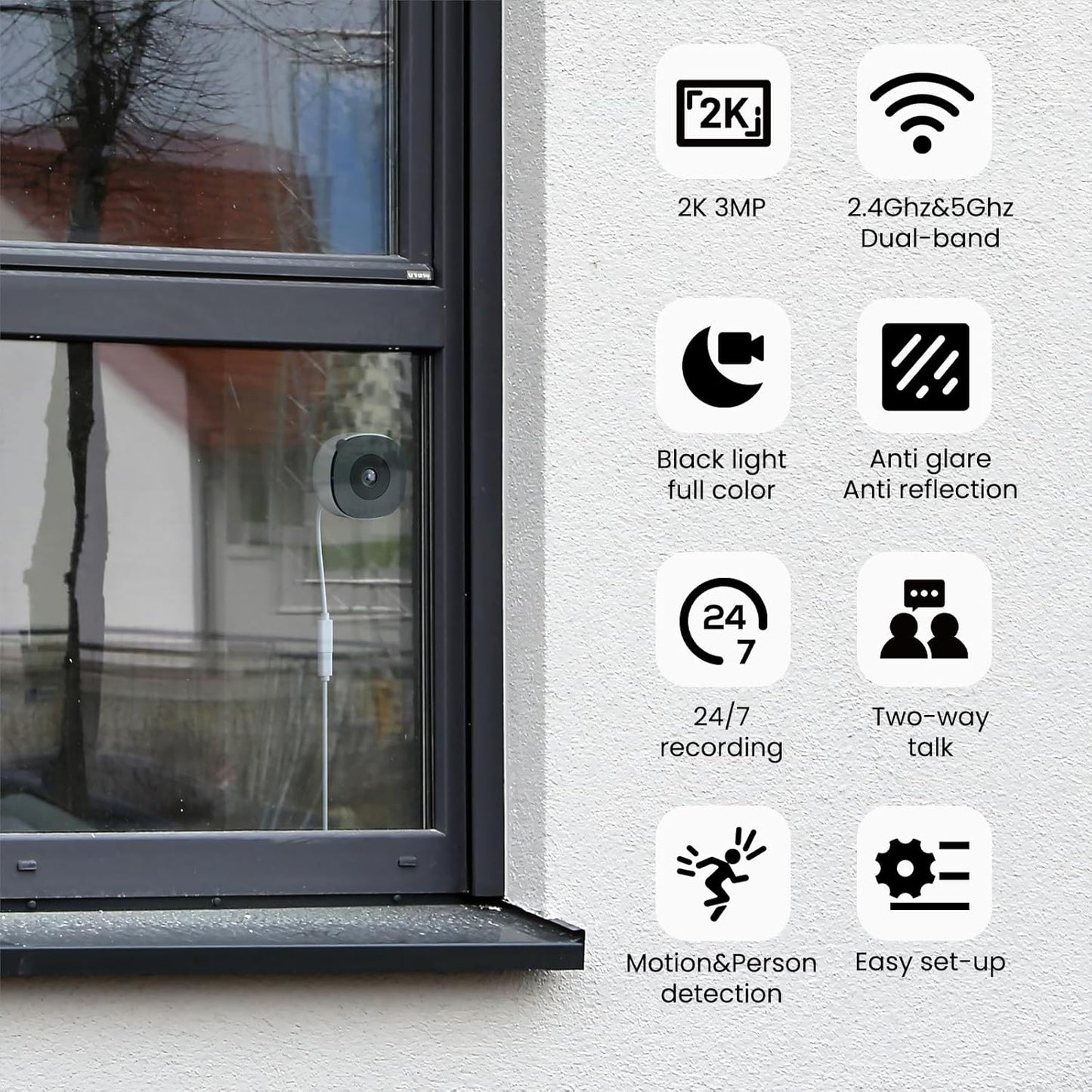 2K No Drill Window Camera-2 Pack 2.4Ghz & 5Ghz WiFi Dome Cameras for Home Security for Indoor & Outdoor Monitoring, Color Night Vision, Human Detection, 24/7 Recording, Ideal for Apartment, K1