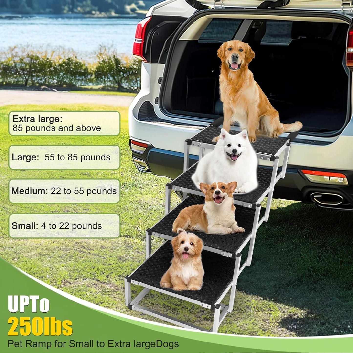 Foldable Dog Stairs with Non-Slip Surface - Portable Aluminum Dog Steps for Trucks, SUVs & Cars - 4 Steps