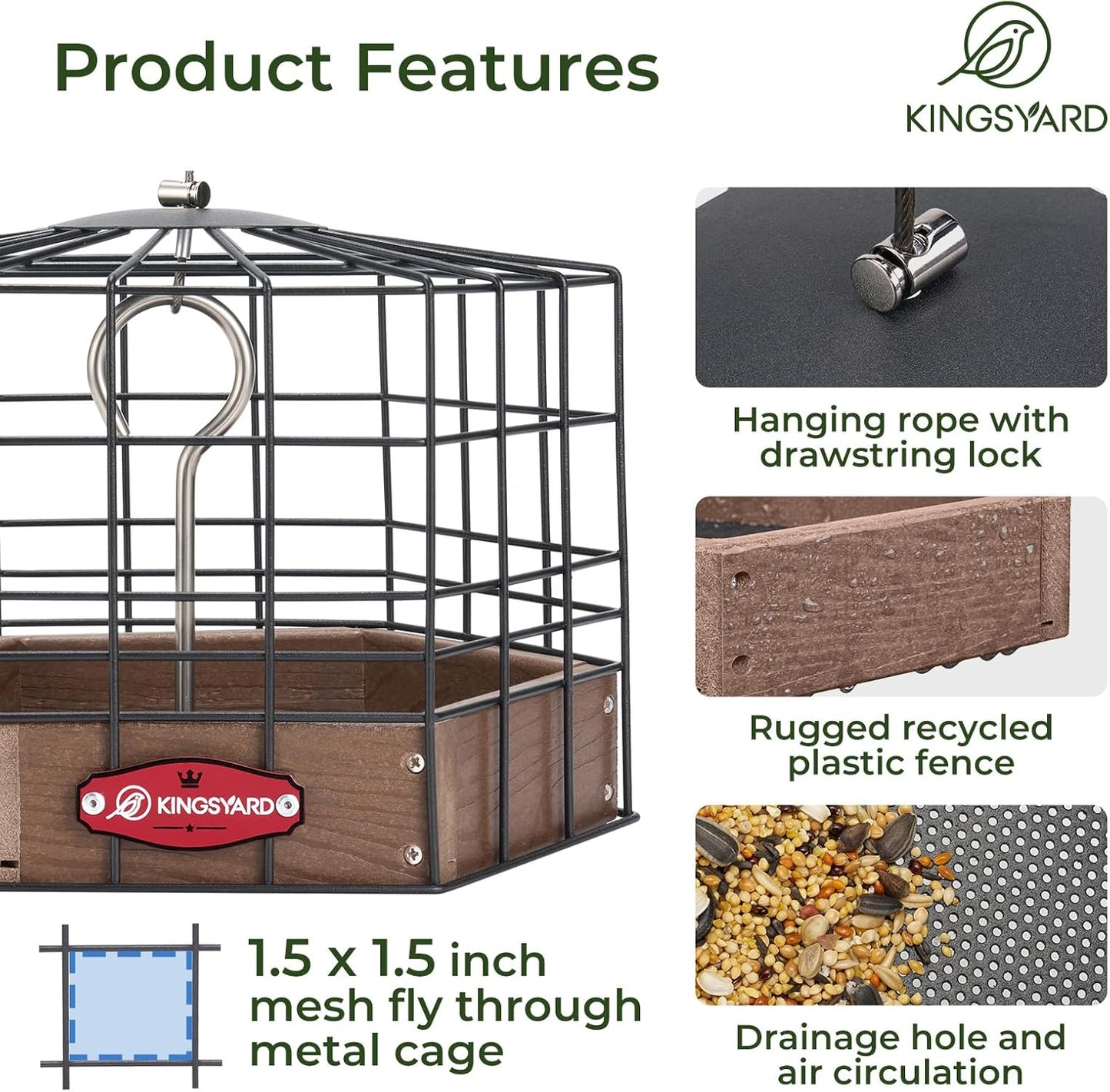 Kingsyard Squirrel Proof Platform Bird Feeders for Outdoor Hanging, 10" Wide Metal Caged Bird Feeder for Small Wildbirds Finches, Recycled Plastic Feeding Platform with Metal Seed Tray, Brown