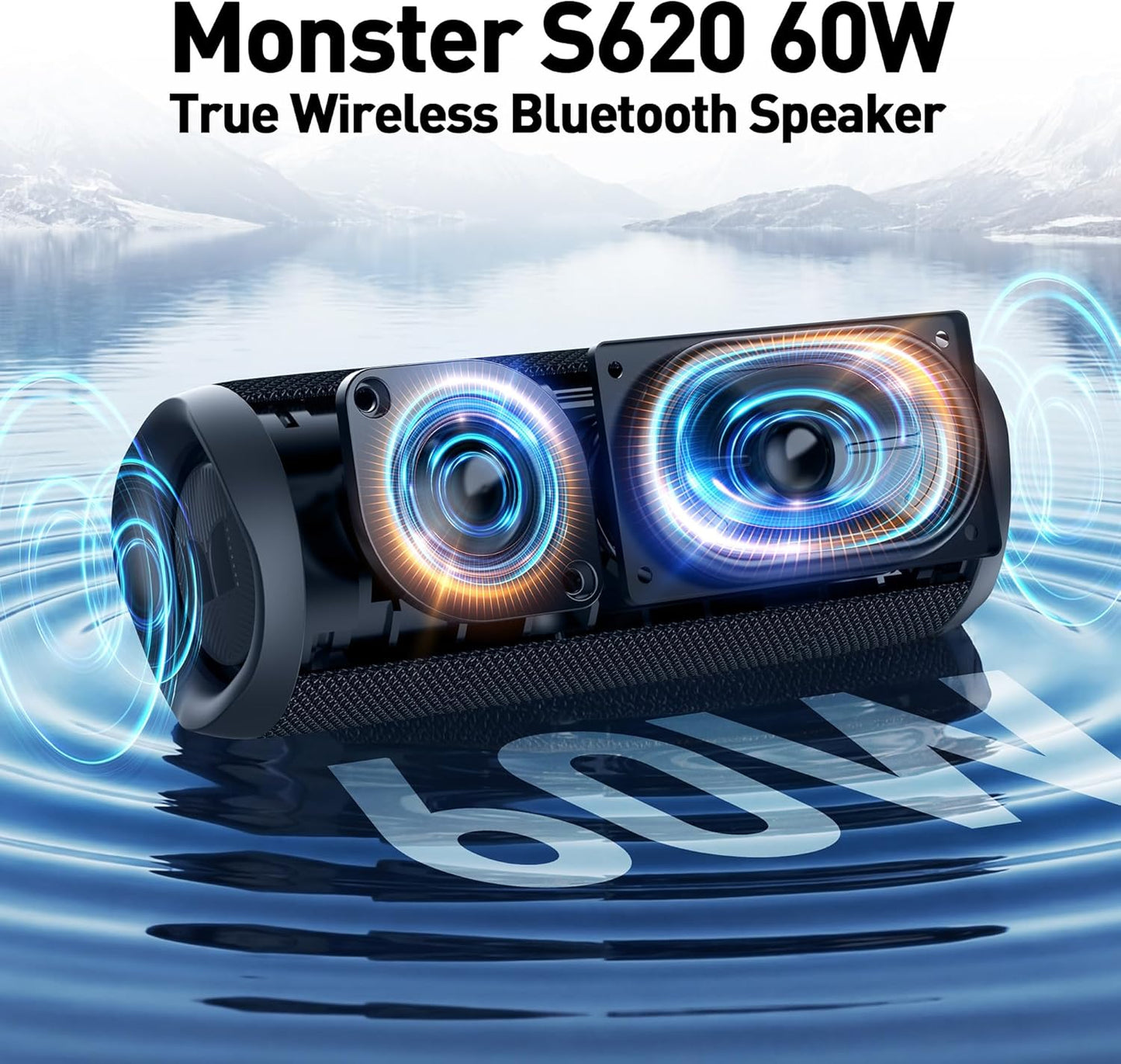 Monster Bluetooth Speaker, Wireless Portable Outdoor Bluetooth Speakers, 60W True Wireless Stereo IPX8 Waterproof, Dual PairingBluetooth 5.4 Built-in Mic, Outdoor Speaker