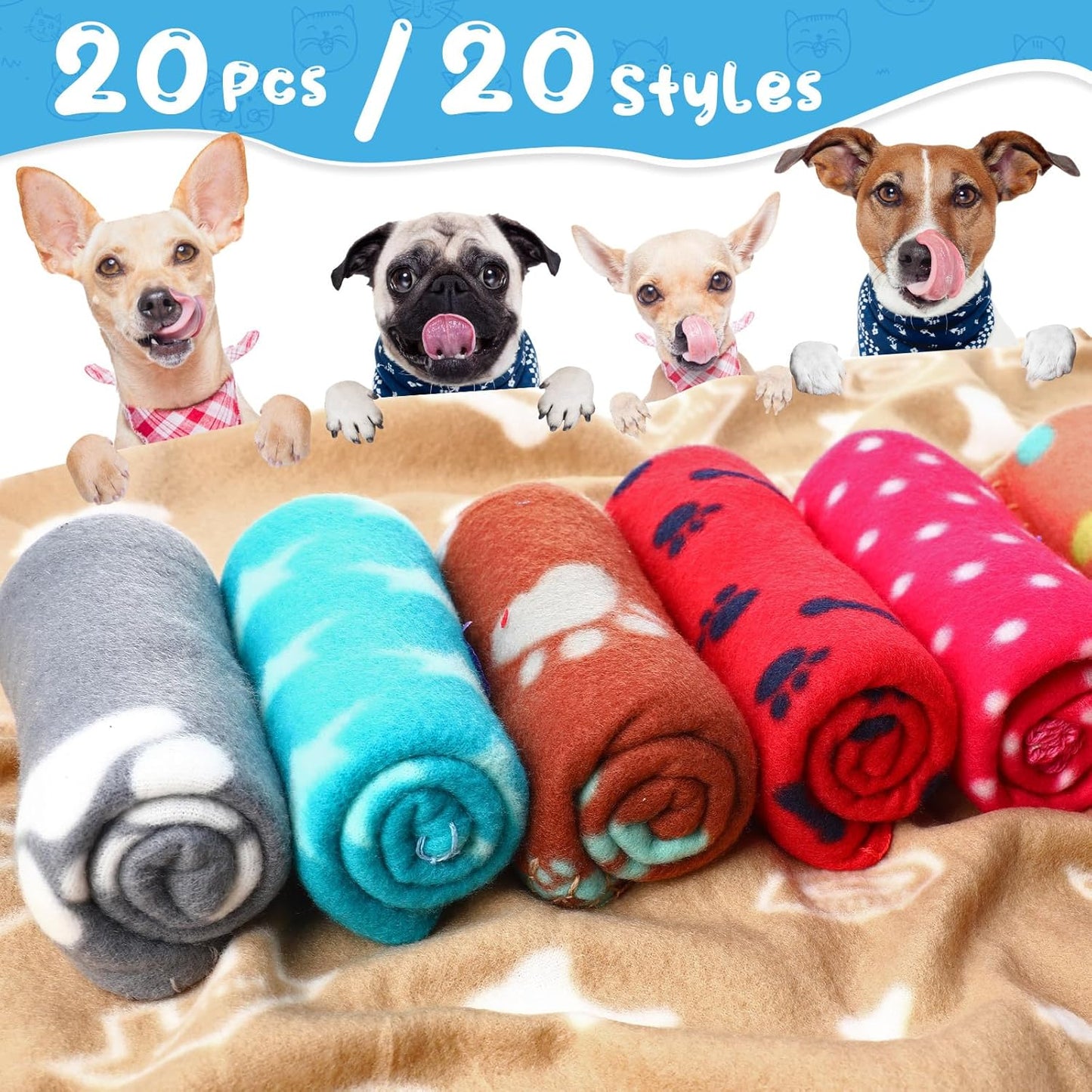 Eccliy 20 Pcs Puppy Blanket Pet Soft Fleece Dog Blankets Warm Felt Throw Sleep Mat Bed Covers for Doggie Puppy Pet Dogs Cat, 20 Styles(39 x 27.6 Inch,Mix)