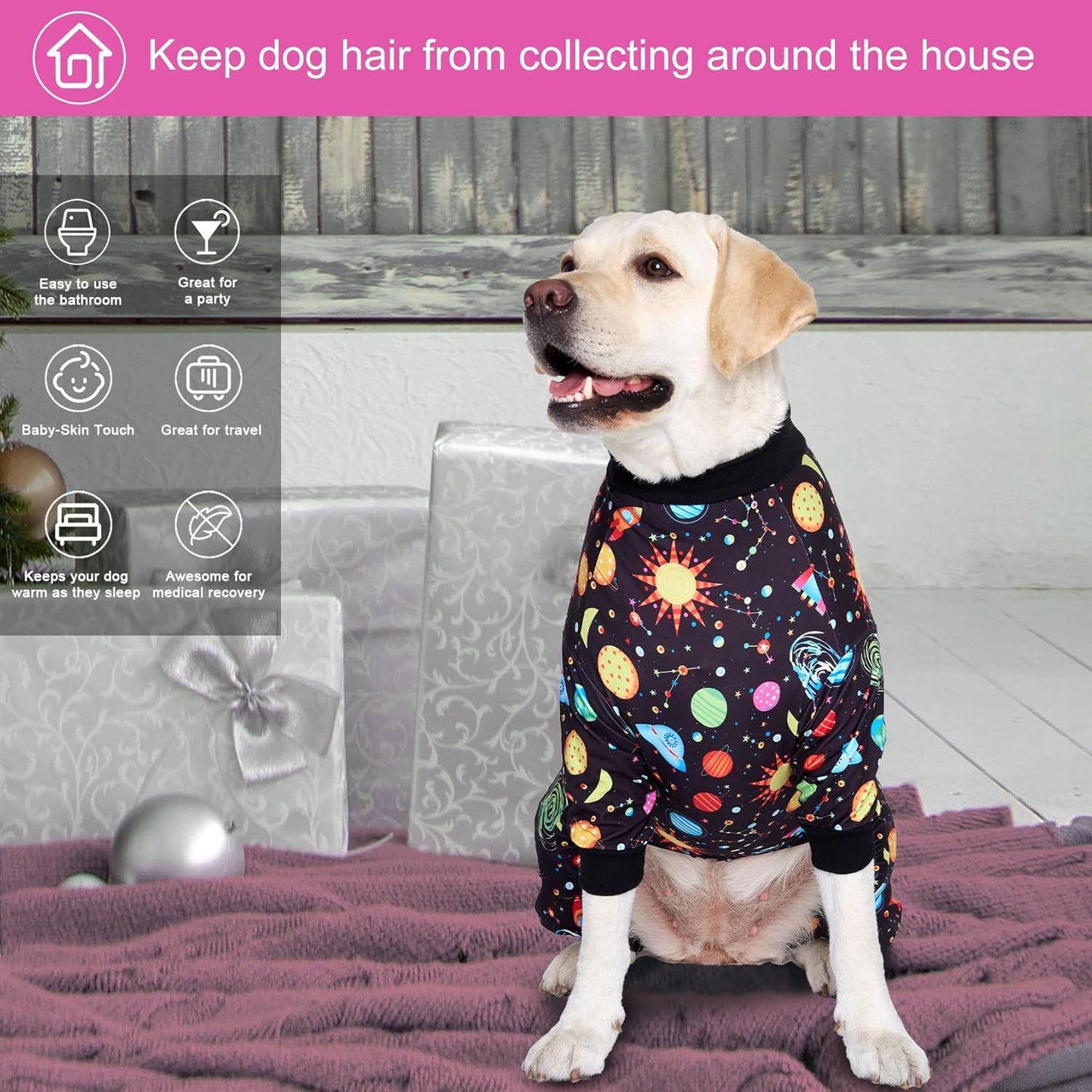 LovinPet Pajamas for Large Dogs, Big Dogs Onesies, Big Dog Pajamas, Post Surgery, Wound Care, Lightweight Stretchy Fabric, Interstellar Black Print, Dog Jumpsuit, Anti Licking, Pet PJ's, 2XL