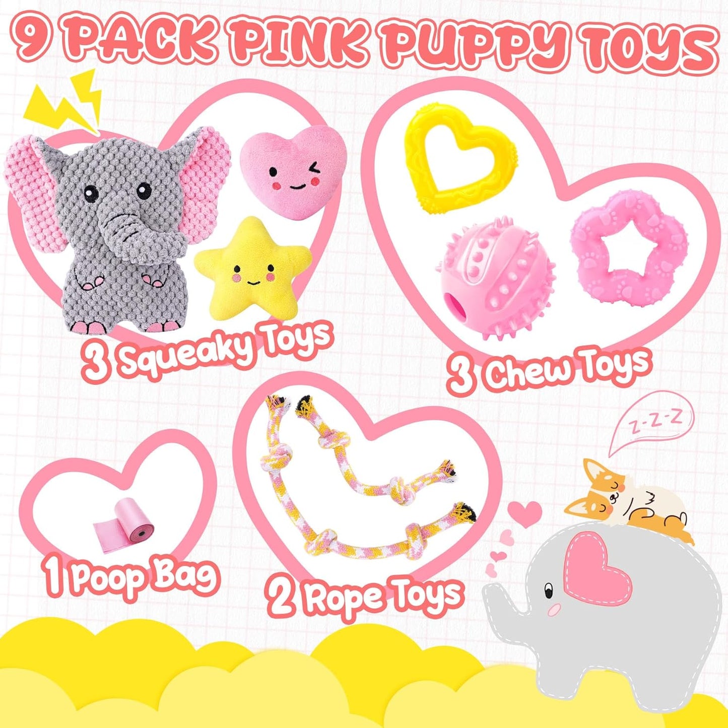 XIUGOAL Pink Puppy Toys - 9 Pack Puppy Chew Toys for Teething, Enrichment Dog Toys for Small Dogs to Keep Them Busy, Squeaky Plush Toy for Boredom
