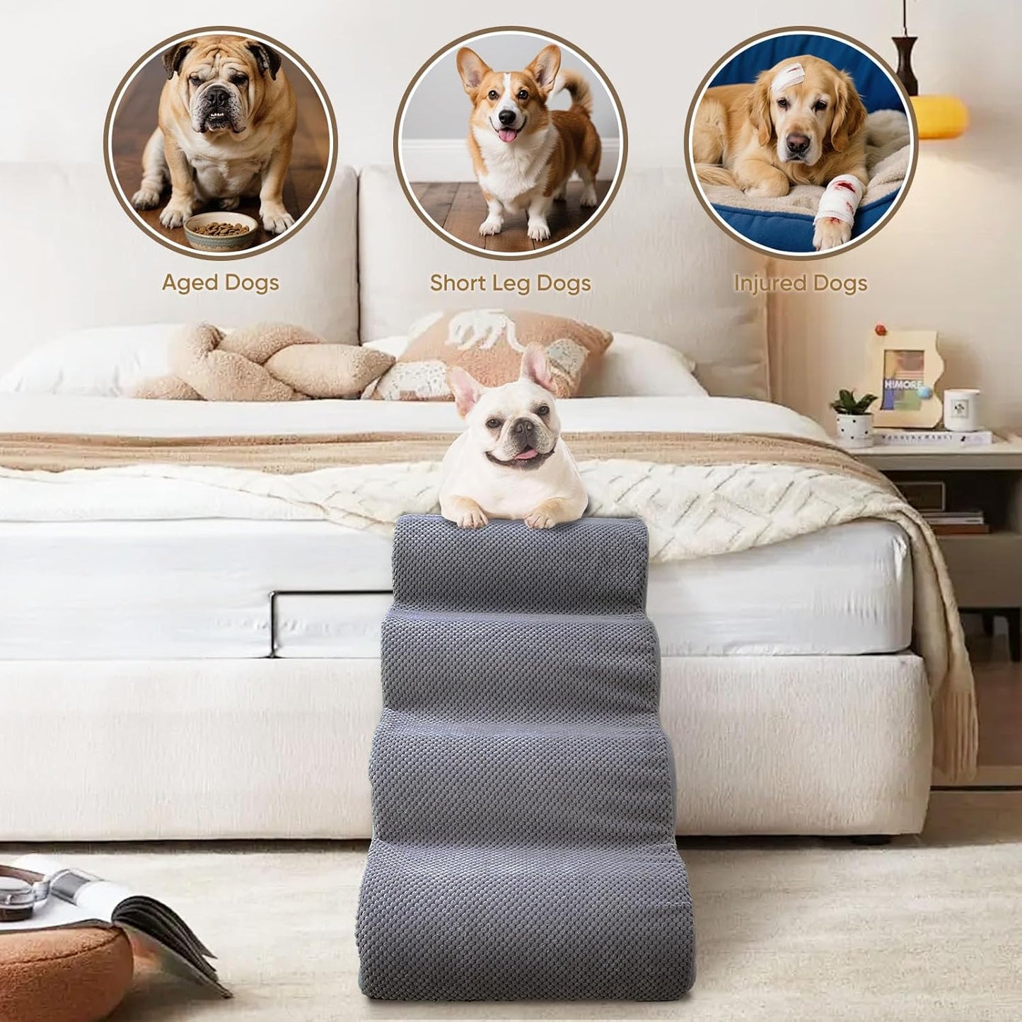 PAWSCART Pet Stairs for Dogs 4-Step, 19.6" H Pet Stairs for High Bed, Couch Sofa & Chair, 30D Material Soft Foam Dog Steps with Non-Slip Bottom Surface Removable Washable Cover, Grey