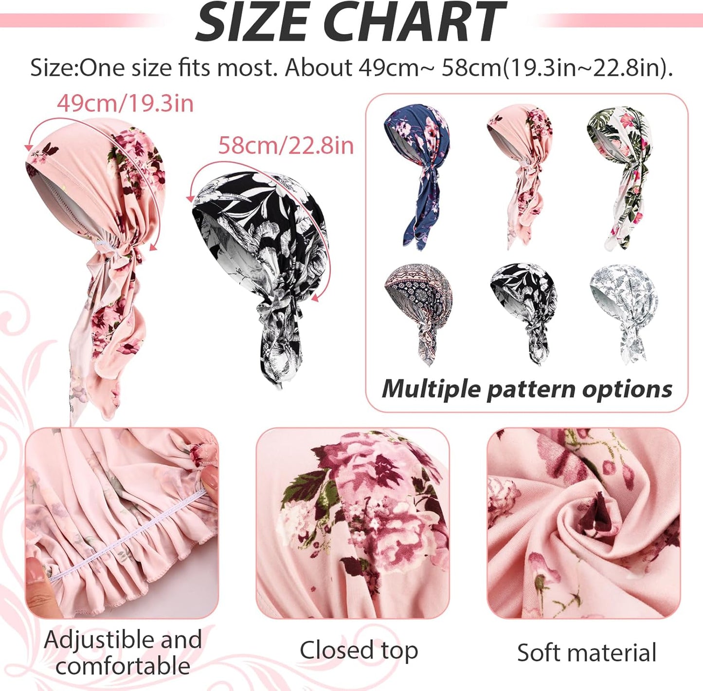 6 Pcs Chemo Headwear for Women, Pre Tied Cancer Caps Stretch Hat Turban Sleep Headwraps for Patient Hair Loss
