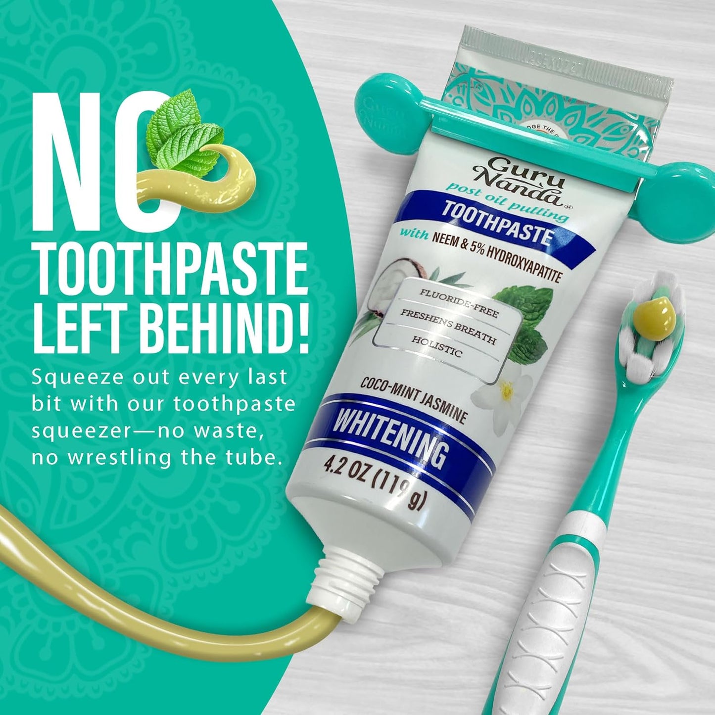 GuruNanda Hydroxyapatite Toothpaste, SLS & Fluoride Free, Whitening Toothpaste with Tongue Scraper & Squeezer - Freshens Breath, Fights Plaque - Natural CocoMint Jasmine Neem, 4.2oz