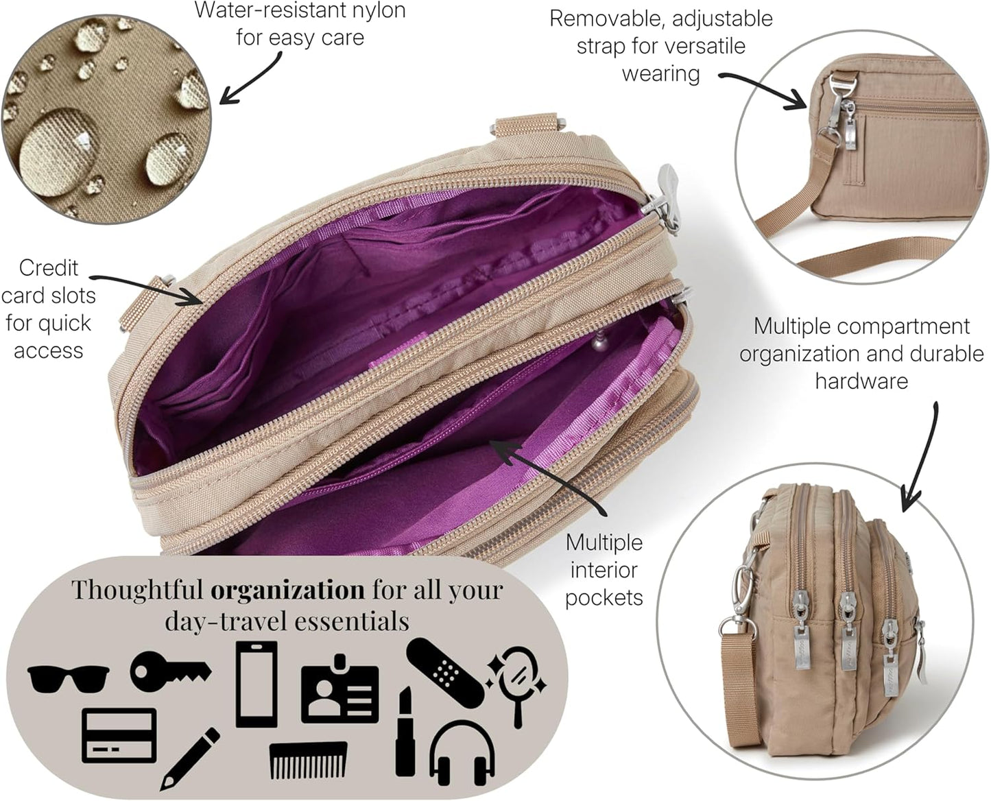 Baggallini Triple Zip Small Crossbody Bag for Women - 8x6 Lightweight Convertible Fanny Pack Belt Bag