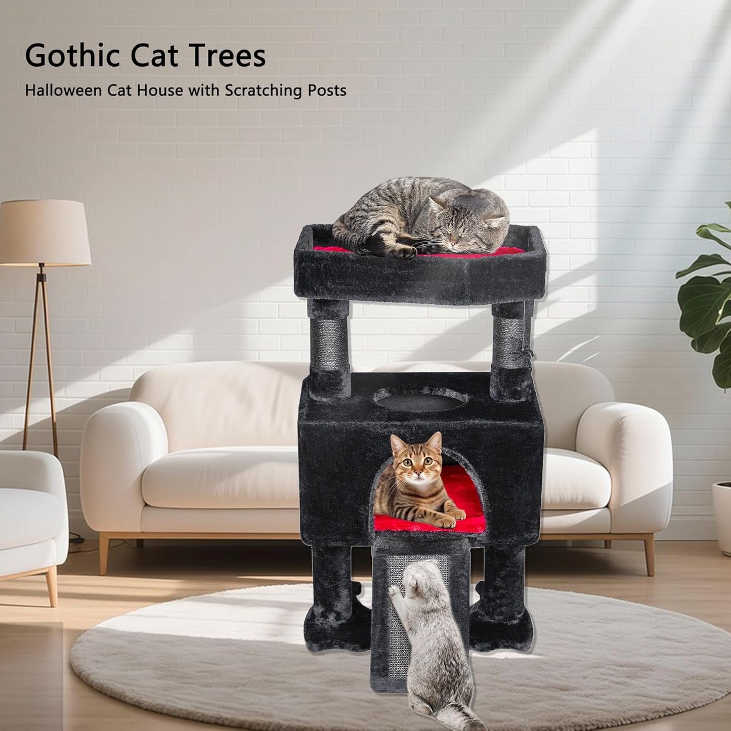 BEWISHOME 33.6in Cat Tree Tower for Indoor Gothic Cat Trees with Coffin Bed, Cat Condo Cat House with Scratching Posts, Cat Shelves with Spider Toy, Pet Play Activity Center Black with Red, MMJ95R