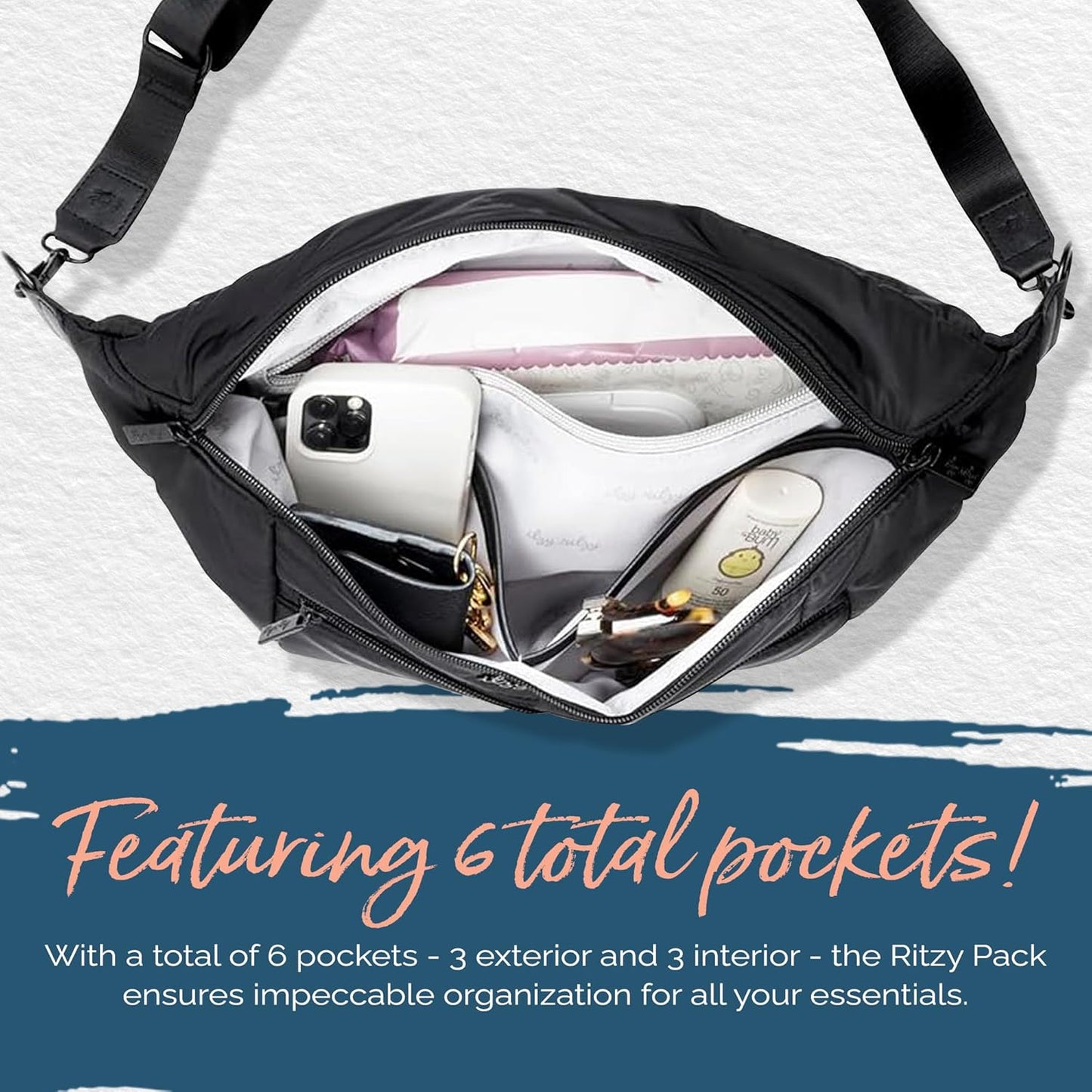 Itzy Ritzy's Fanny Pack & Crossbody Diaper Bag - Multi-Use Lightweight Bag Features 6 Pockets & an Adjustable Strap - Wear As a Crossbody, Belt Bag or Shoulder Bag (Black)