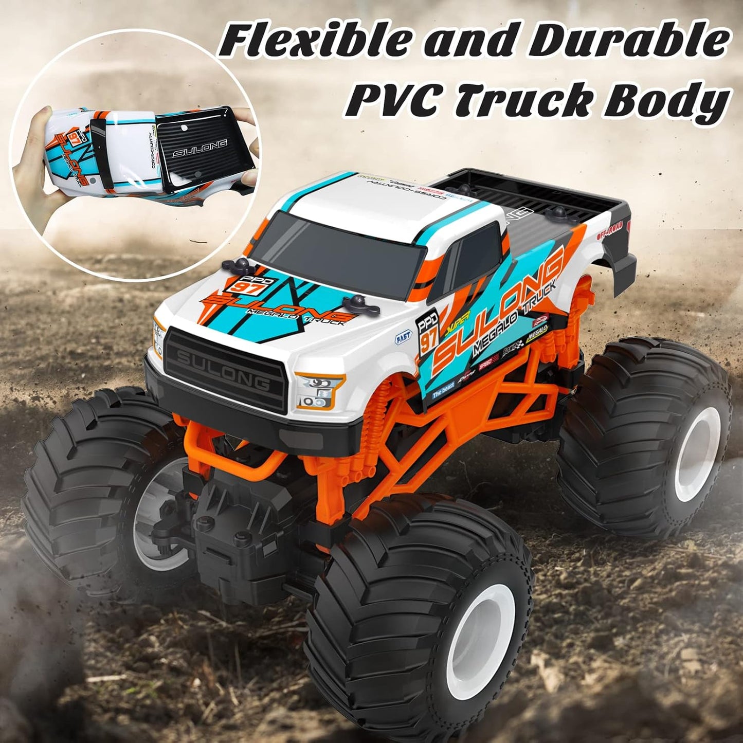 Remote Control Car, 1:16 Scale RC Monster Truck for Boys, 2.4 GHz All Terrain RC Cars for Boys Girls 4-7 8-12, 20 Km/h Off Road RC Truck, Christmas Birthday Gift for Kids and Adult, Orange
