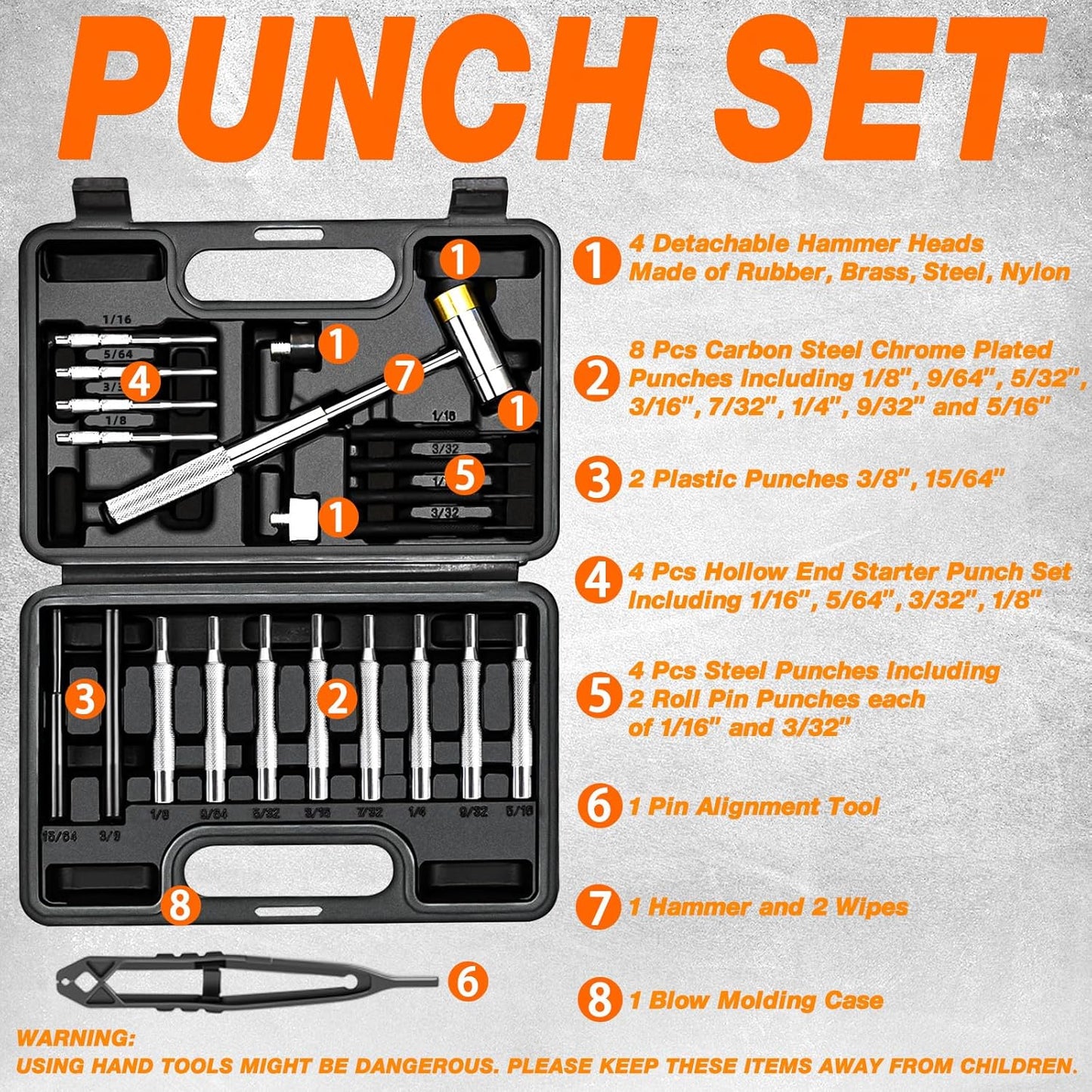 BESTNULE Punch Set, Pin Punches, Punch Tool, Roll Pin Punch Set, Made of High Quality Metal Material Including Punches and Hammer, Mechanical Repair Tool, with Organizer Storage Box (with Bench Block)