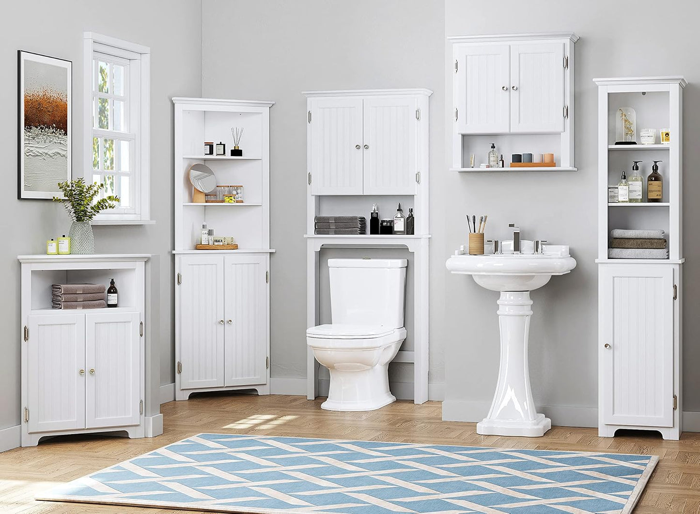UTEX Over The Toilet Storage Cabinet, Over Toilet Bathroom Organizer with Adjustable Shelves and Double Doors, White