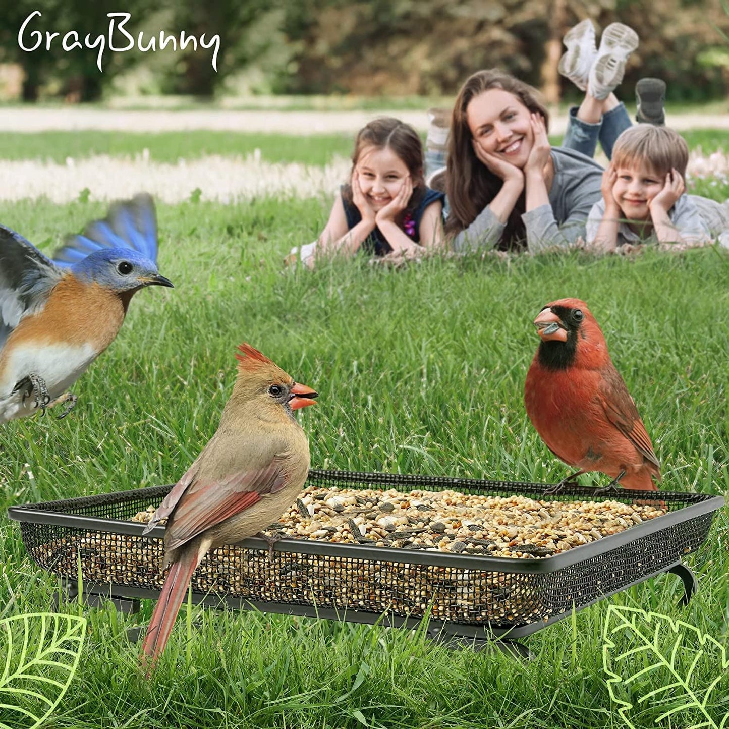 Gray Bunny Ground Bird Feeder Tray - Metal Platform Mesh Seed Tray for Standing Bird Feeders - Great Attracting Garden Yard Decoration for Wild Birds Squirrels Dove Cardinal Blue Jay Crows (11x11in)