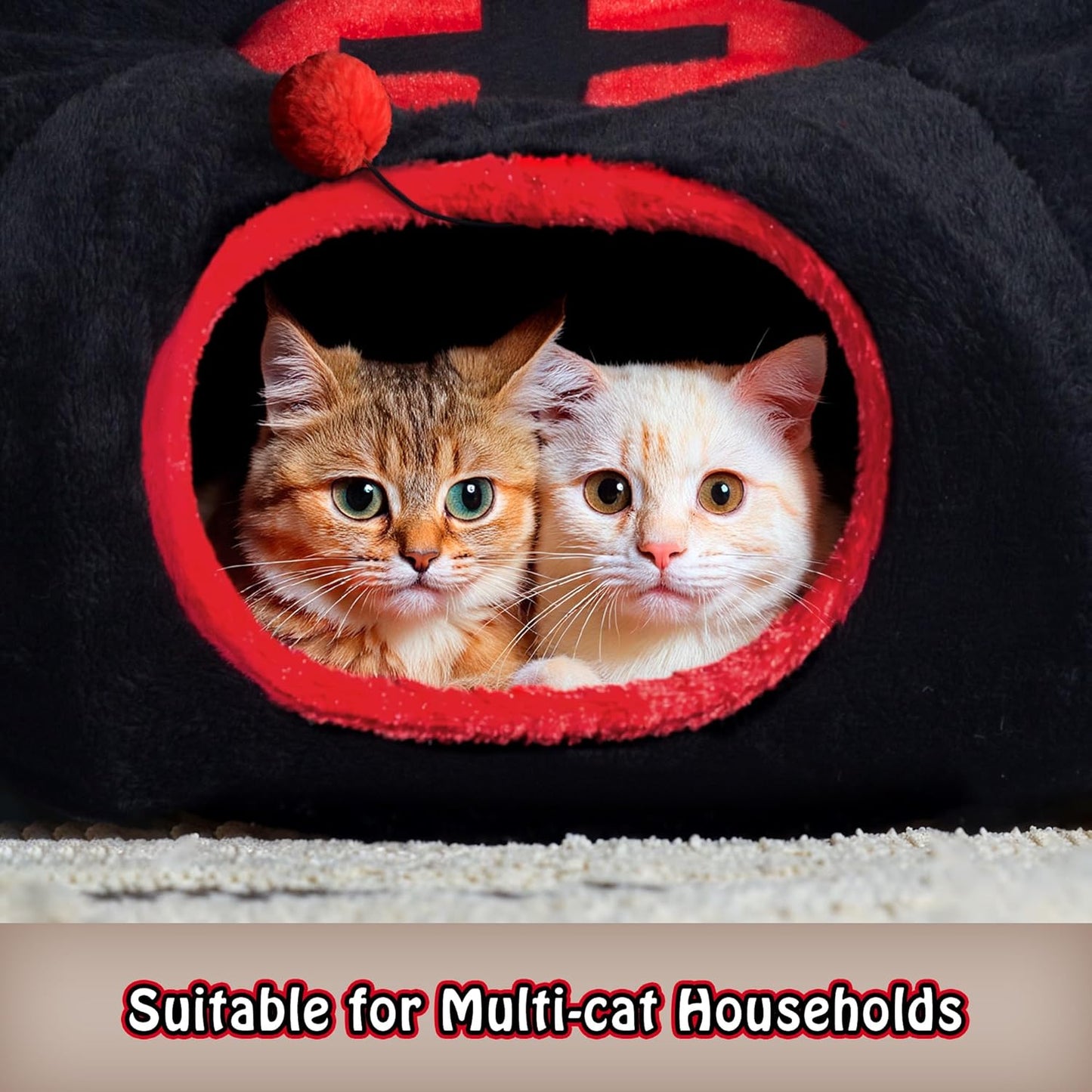 Gothic Cat Bed, Coffin Cat Tunnel House with Washable Cushion, Fits Indoor Cats up to 25 lbs, Cute Peekaboo Cave Pet Bed for Kittens, Rabbits, Halloween Goth Design, Black Red