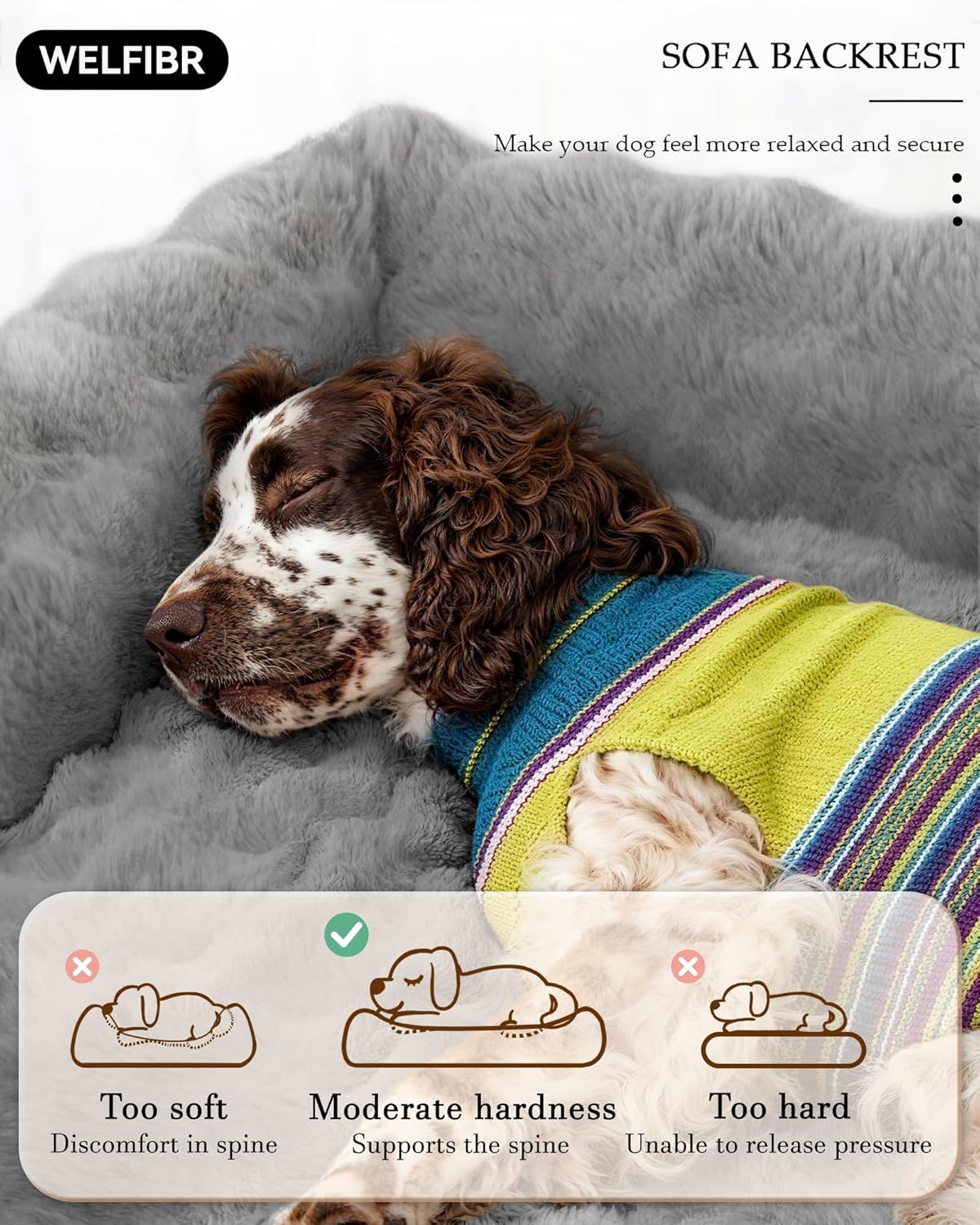 48“ Dog Bed with Shredded Foam Filling, Calming Pet Sofa with Removable Washable Cover, Soft Faux Fur Bolster Couch for Dogs, Anti-Slip Bottom