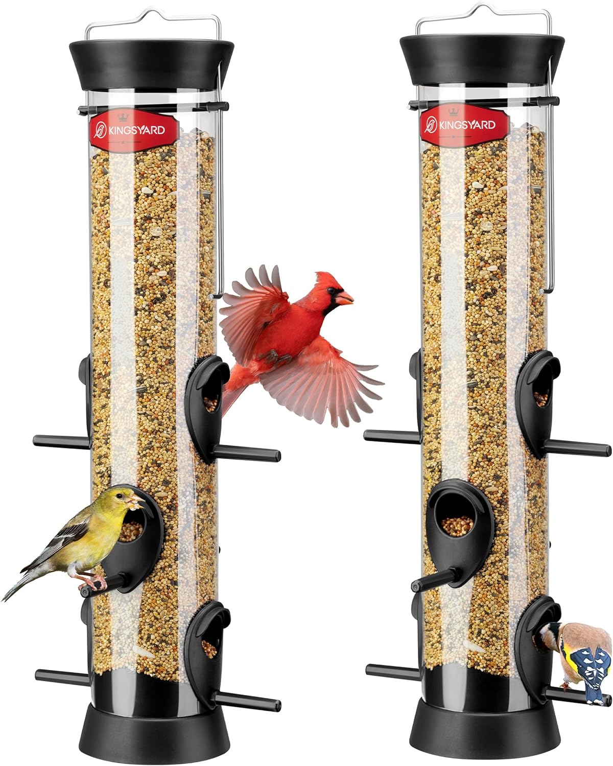 Kingsyard 2 Pack Tube Bird Feeders for Outdoors Hanging, Wild Bird Feeder with 6 Feeding Ports, Easy to Clean & Refill, 2 lbs Seed Capacity, Great for Attracting Finches, Cardinals (Black)
